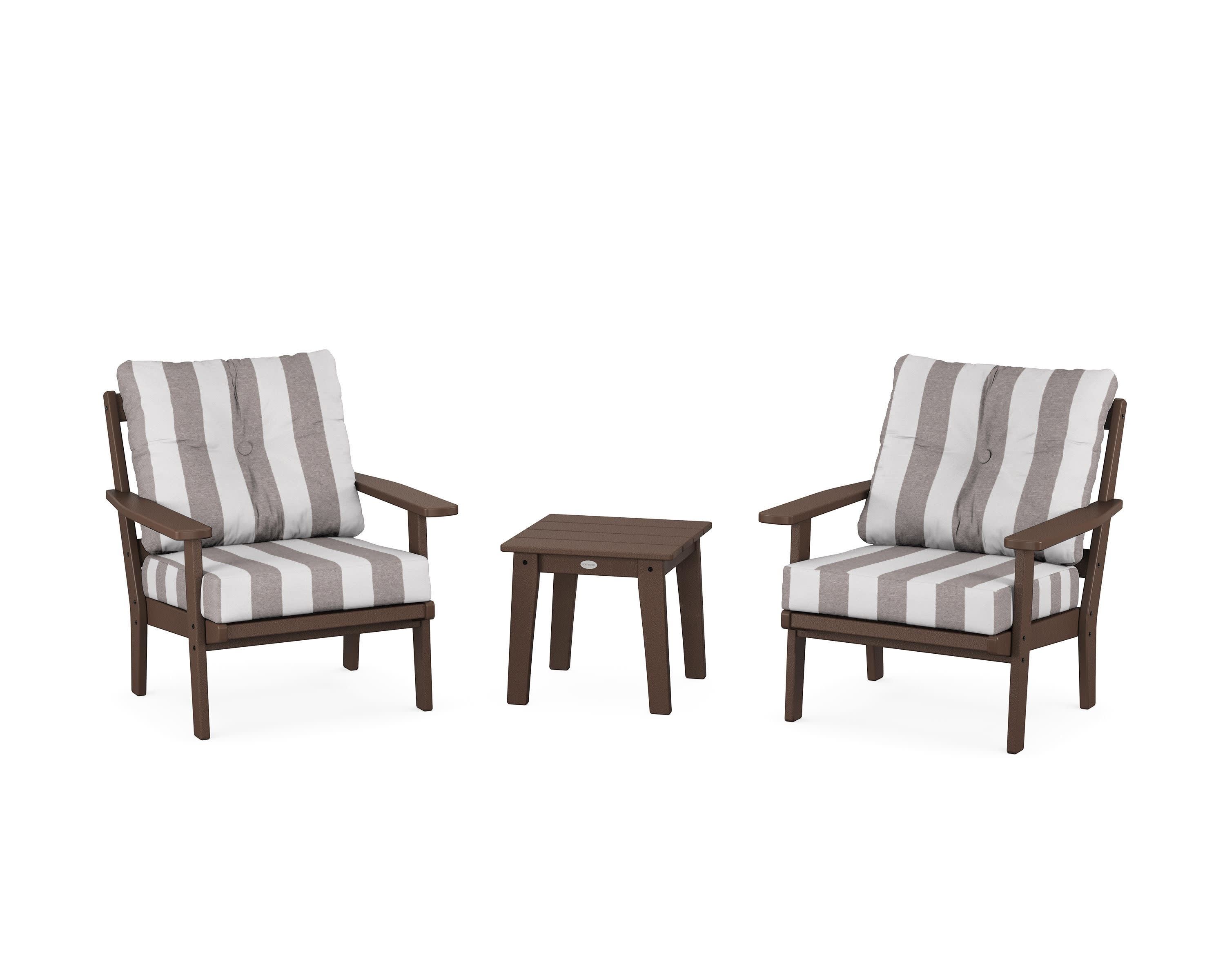 Prairie 3-Piece Deep Seating Set in Mahogany / Cabana Stripe Grey Mist