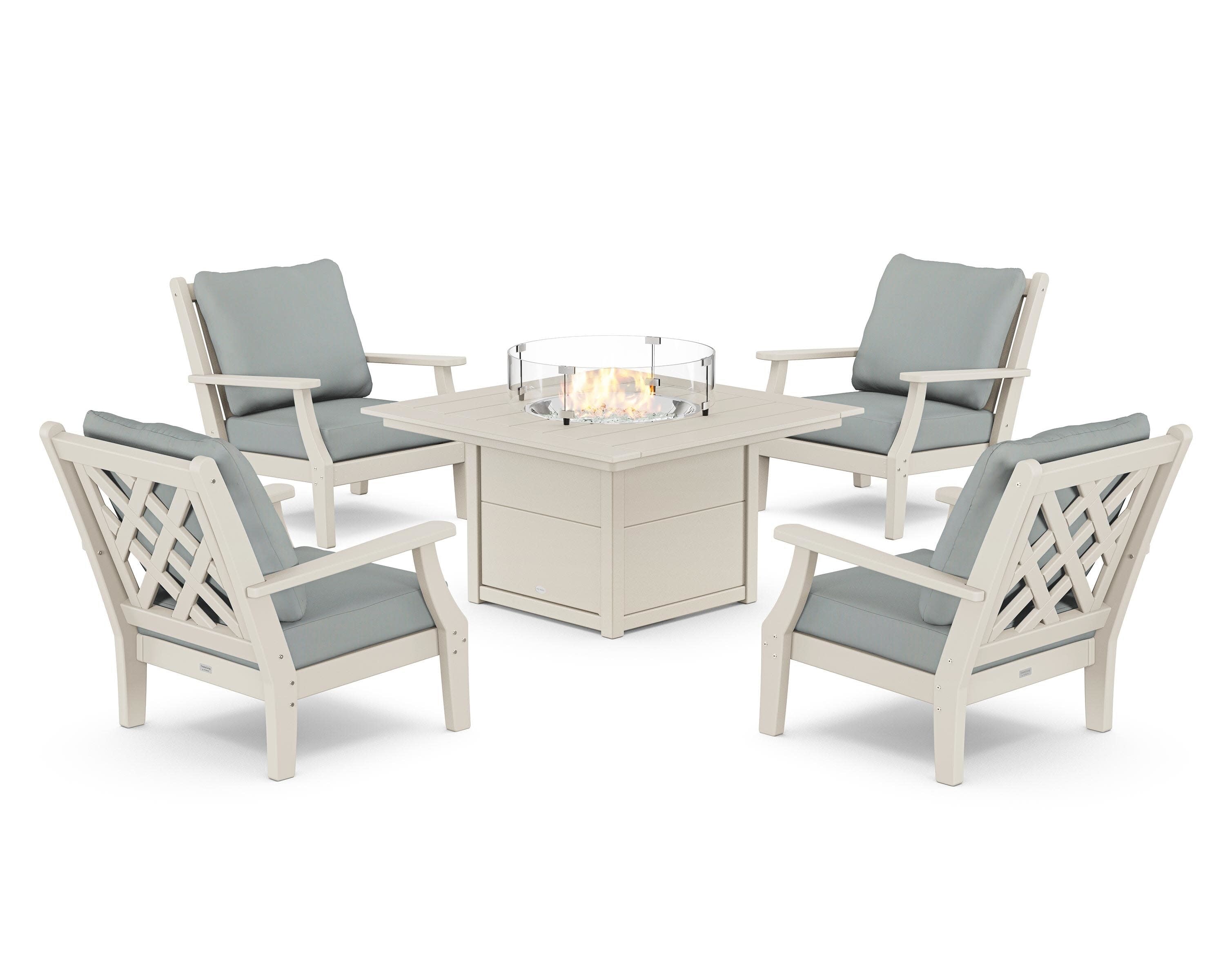 Wovendale 5-Piece Deep Seating Set with Fire Pit Table in Sand / Spa
