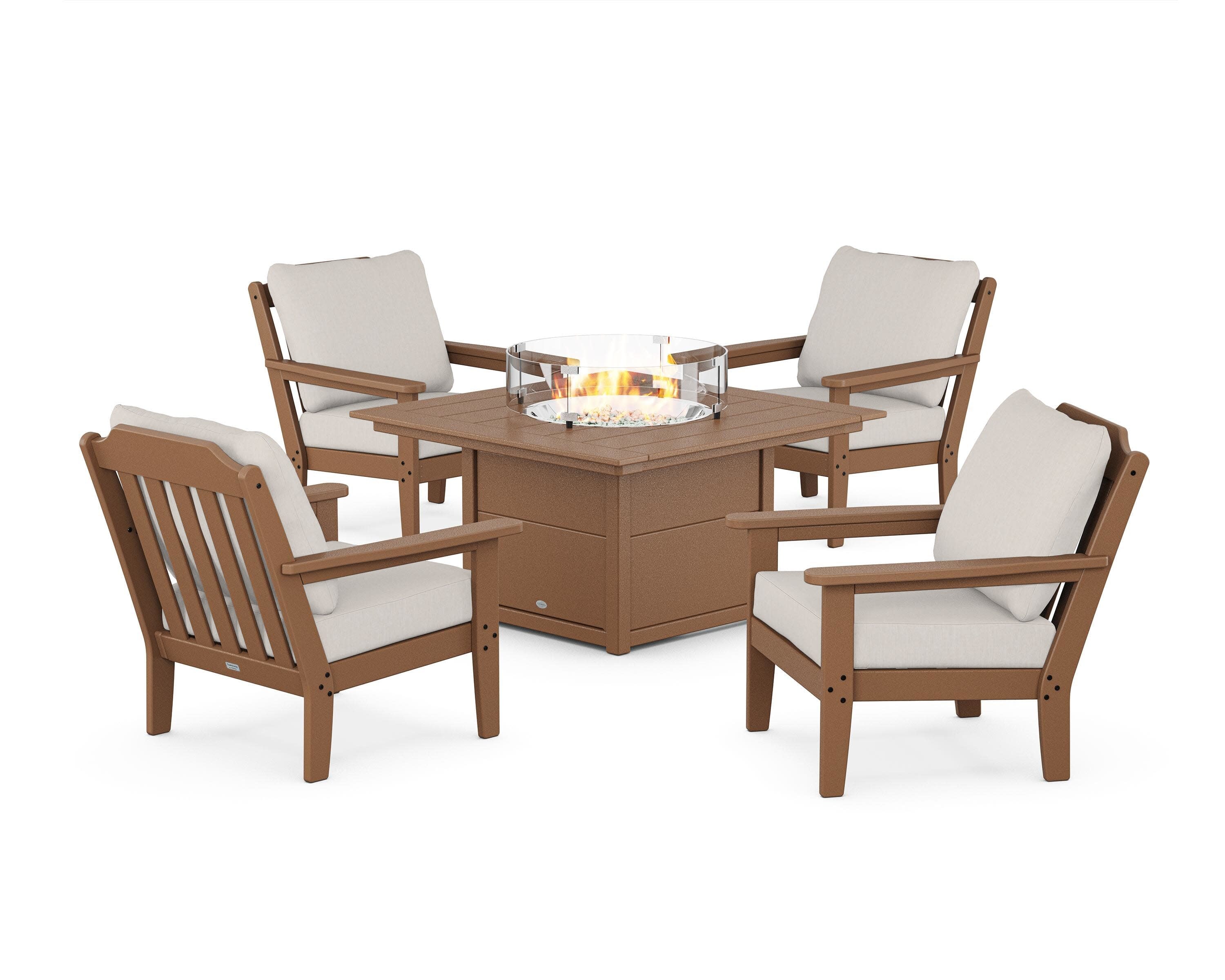 Cottage 5-Piece Deep Seating Set with Fire Pit Table in Teak / Cast Ash
