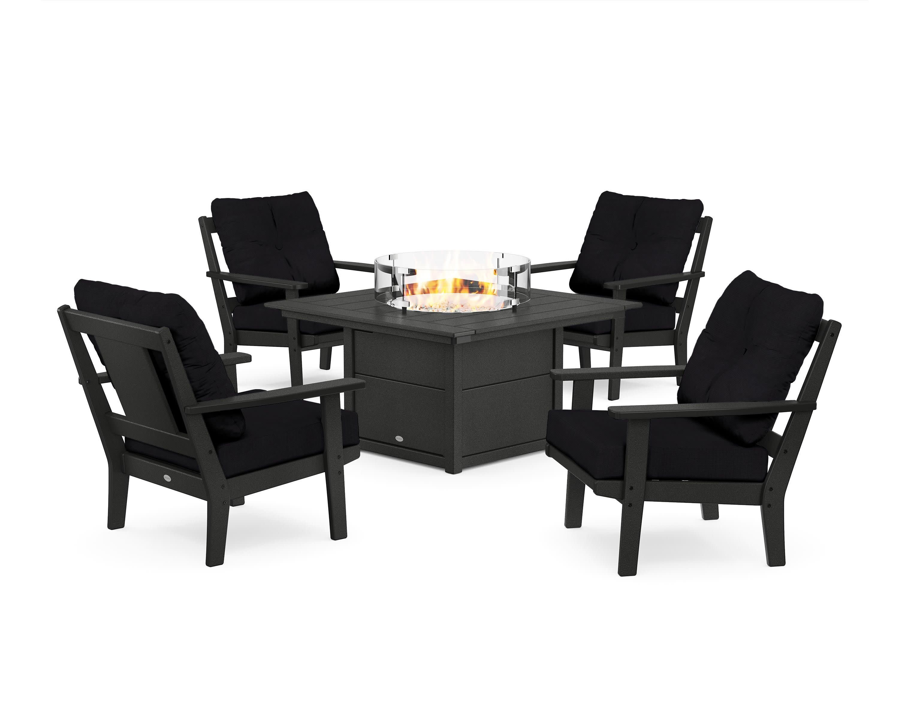 Prairie 5-Piece Deep Seating Set with Fire Pit Table in Black / Midnight Linen