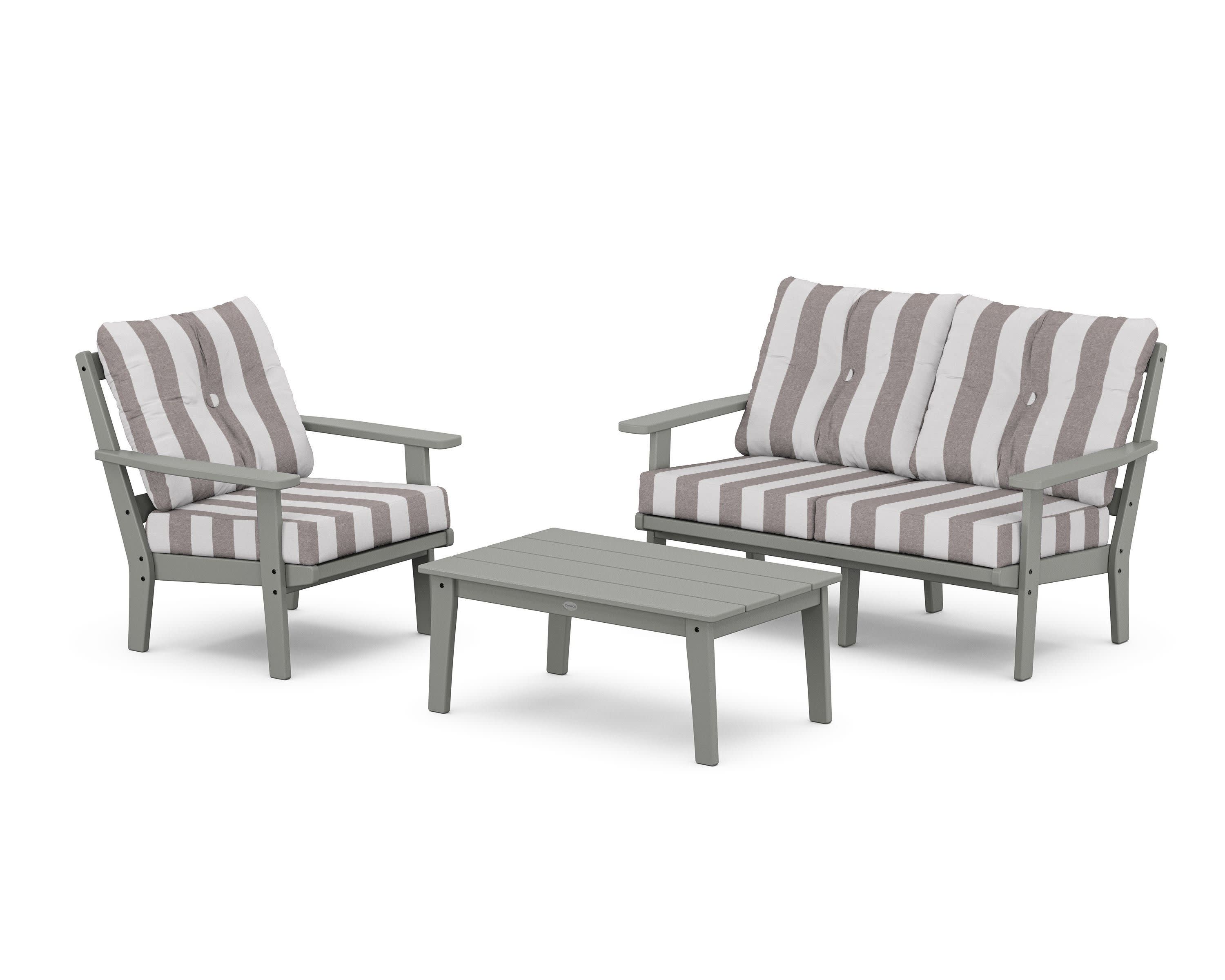 Prairie 3-Piece Deep Seating Set with Loveseat in Slate Grey / Cabana Stripe Grey Mist