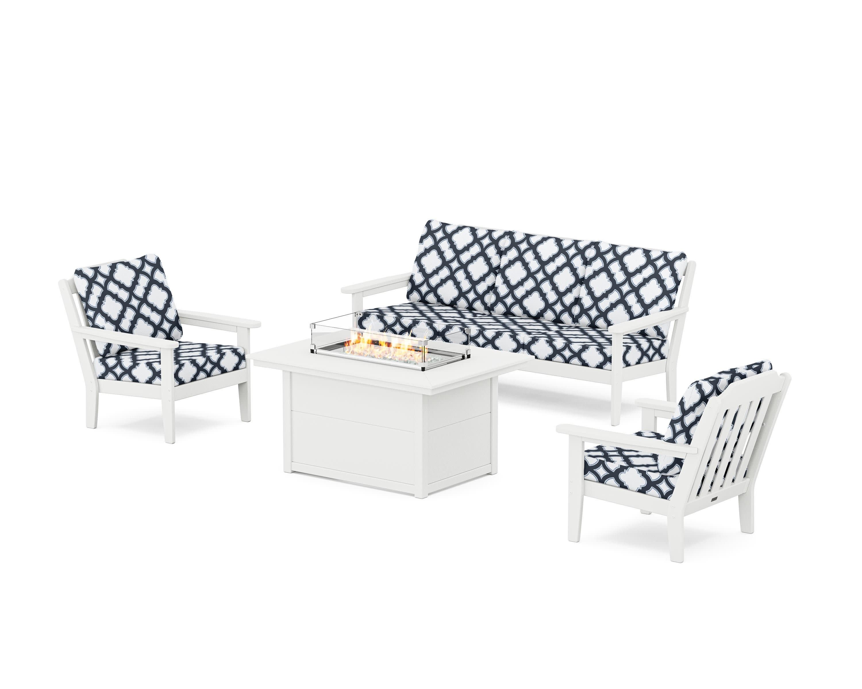 Cottage Deep Seating Fire Pit Table Set in White / Trellis Marine Indigo