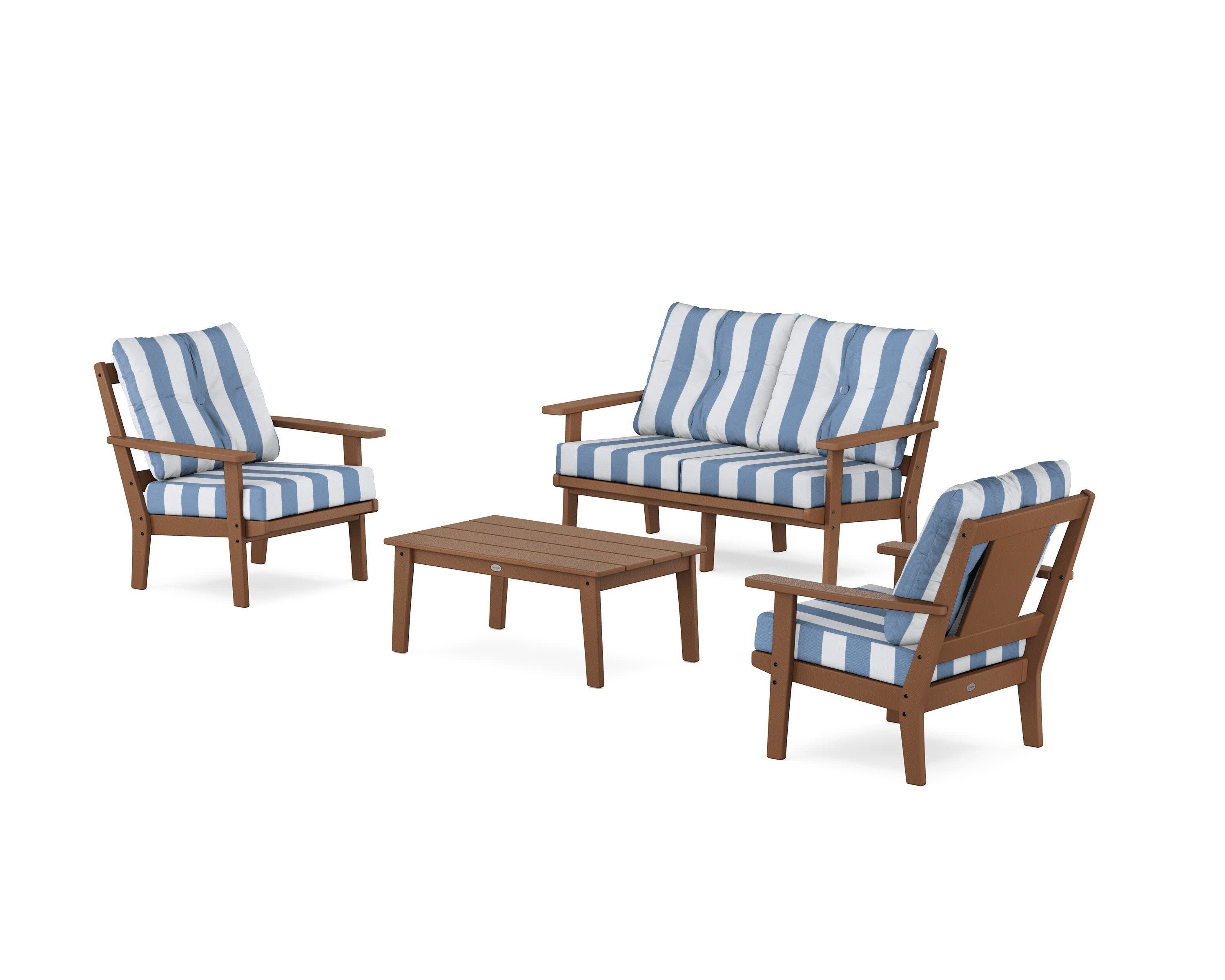 Prairie 4-Piece Deep Seating Set with Loveseat in Teak / Cabana Stripe Sky Blue