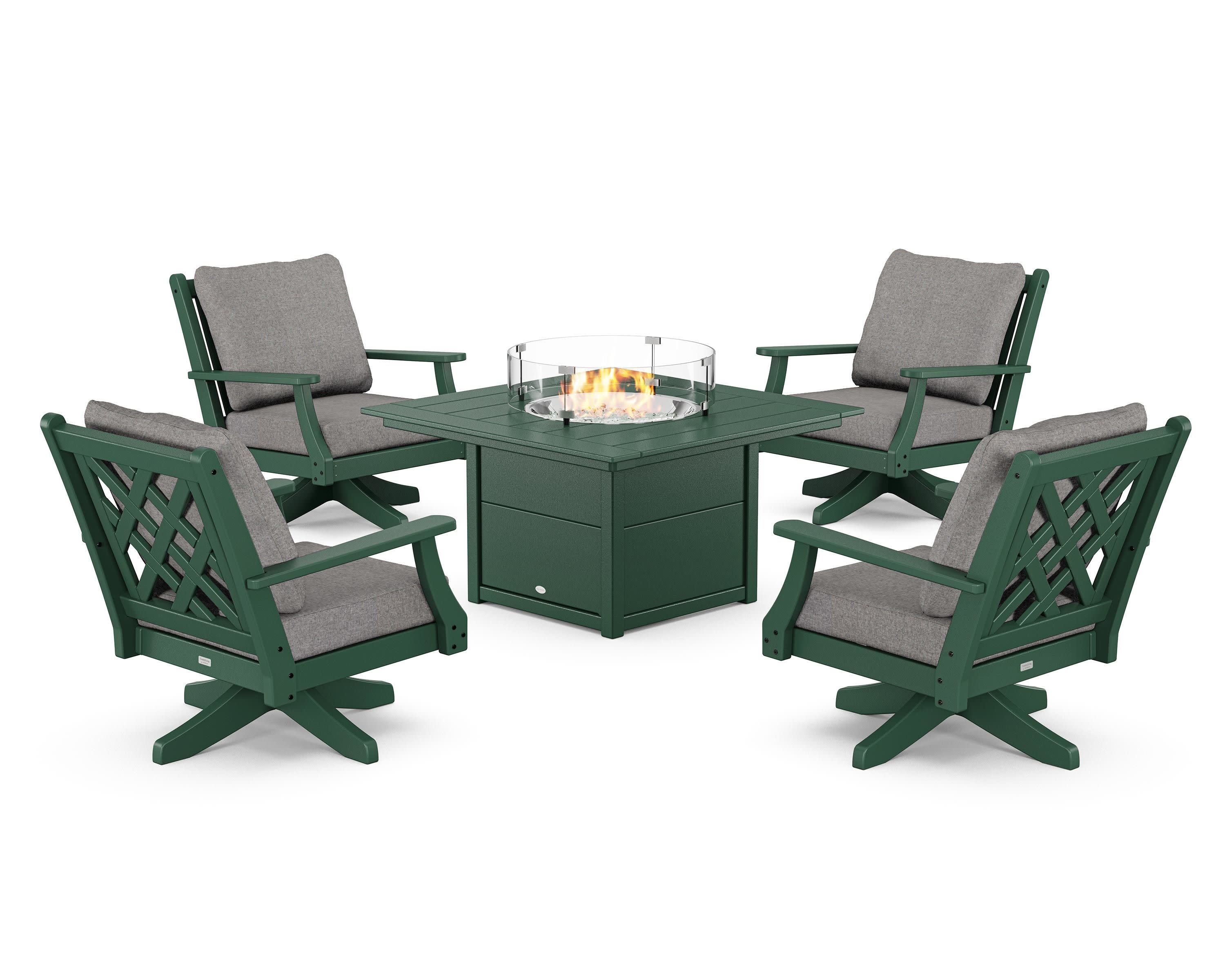 Wovendale 5-Piece Deep Seating Swivel Conversation Set with Fire Pit Table in Green / Grey Mist