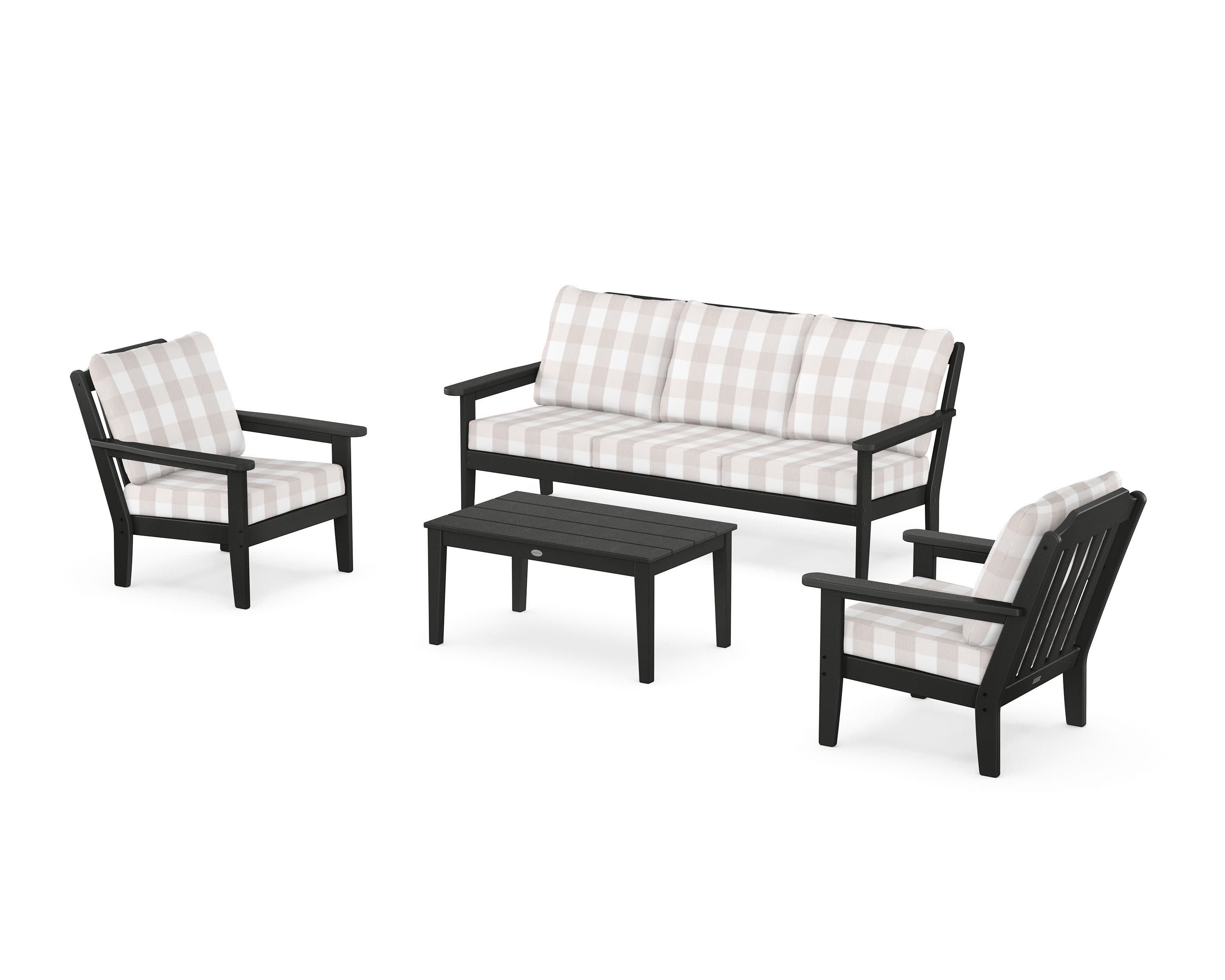Cottage 4-Piece Deep Seating Set with Sofa in Black / Buffalo Plaid Dune Burlap