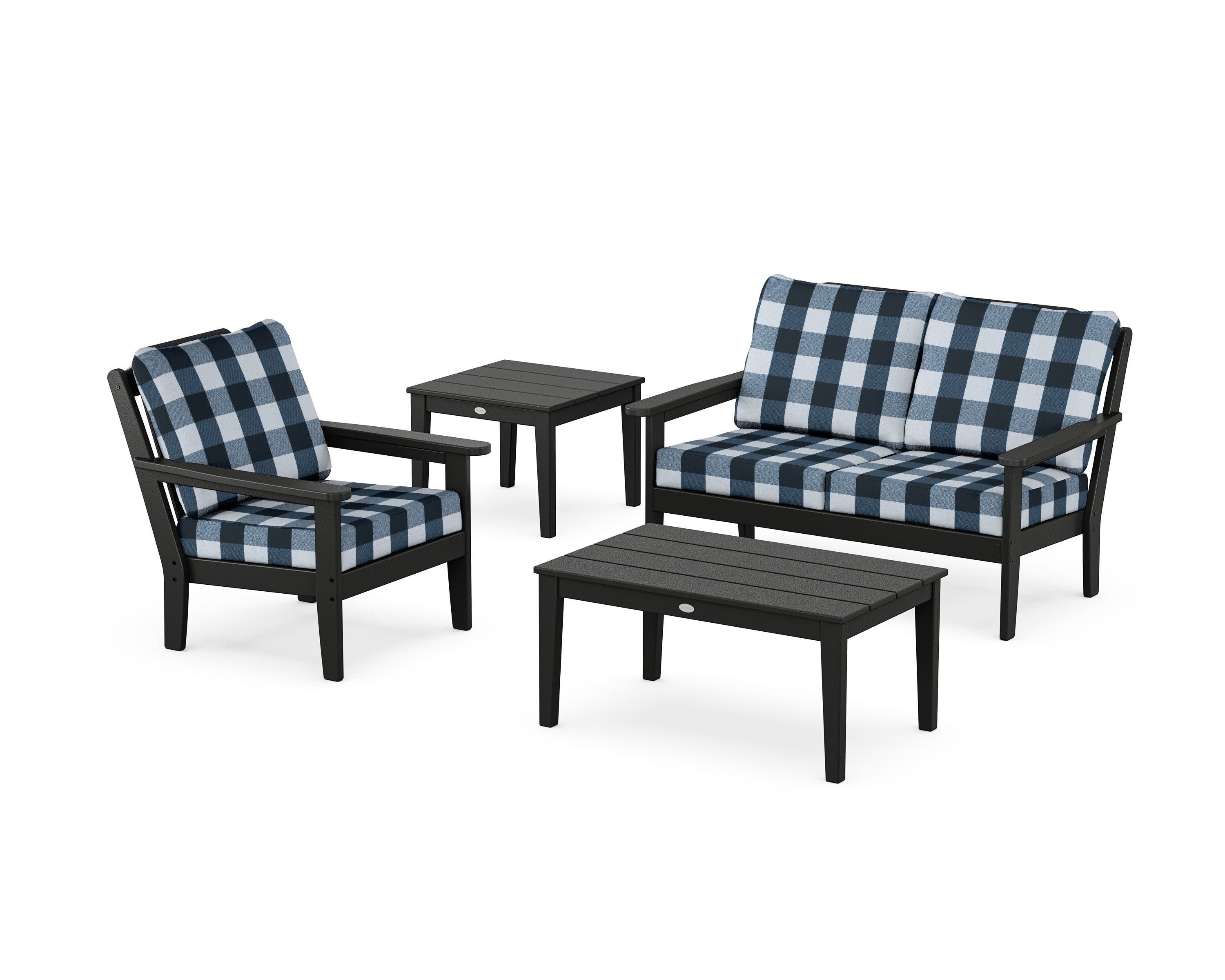 Wovendale 4-Piece Deep Seating Set in Black / Buffalo Plaid Marine Indigo