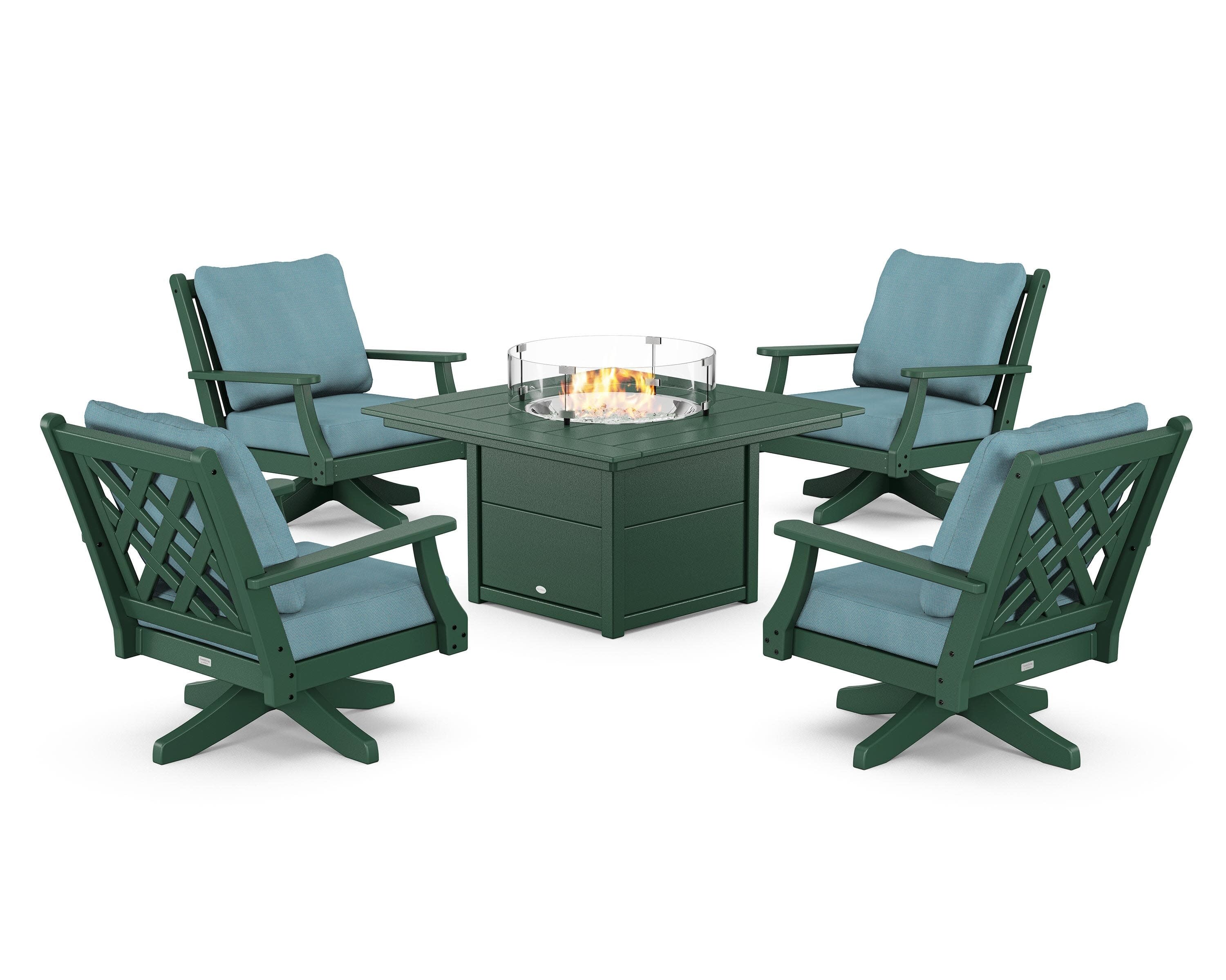 Wovendale 5-Piece Deep Seating Swivel Conversation Set with Fire Pit Table in Green / Lattice Sky Blue