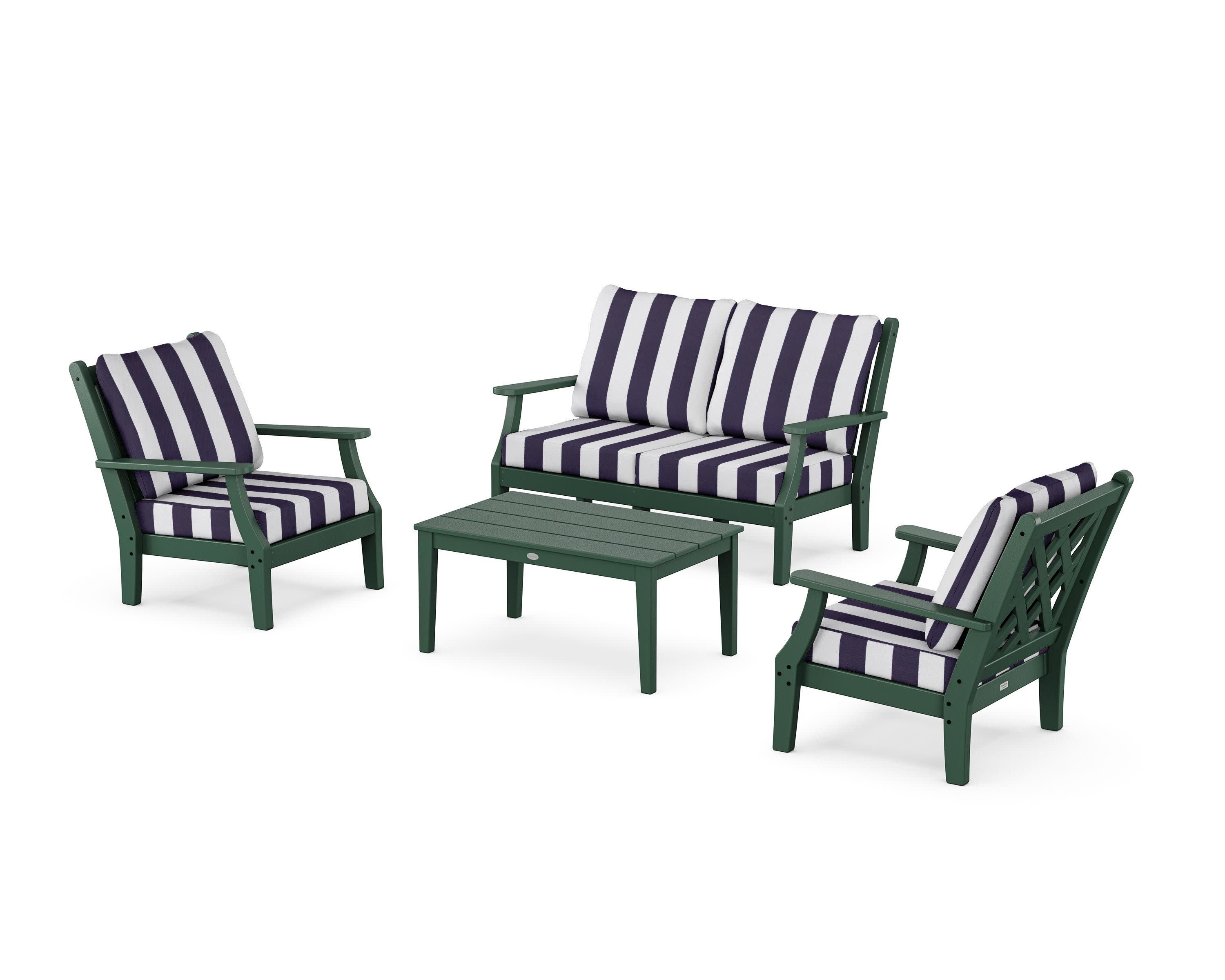 Wovendale 4-Piece Deep Seating Set with Loveseat in Green / Cabana Stripe Navy