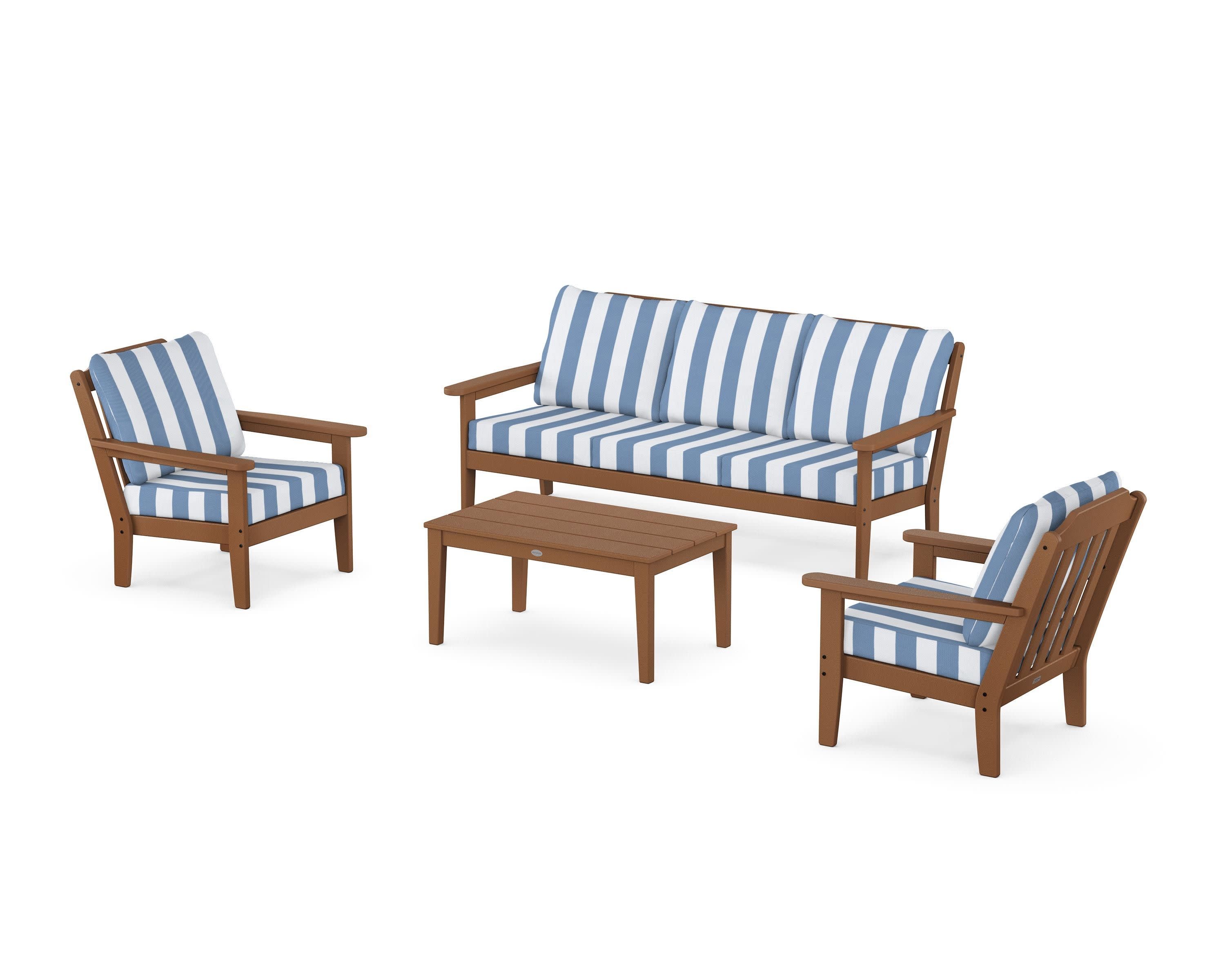Cottage 4-Piece Deep Seating Set with Sofa in Teak / Cabana Stripe Sky Blue