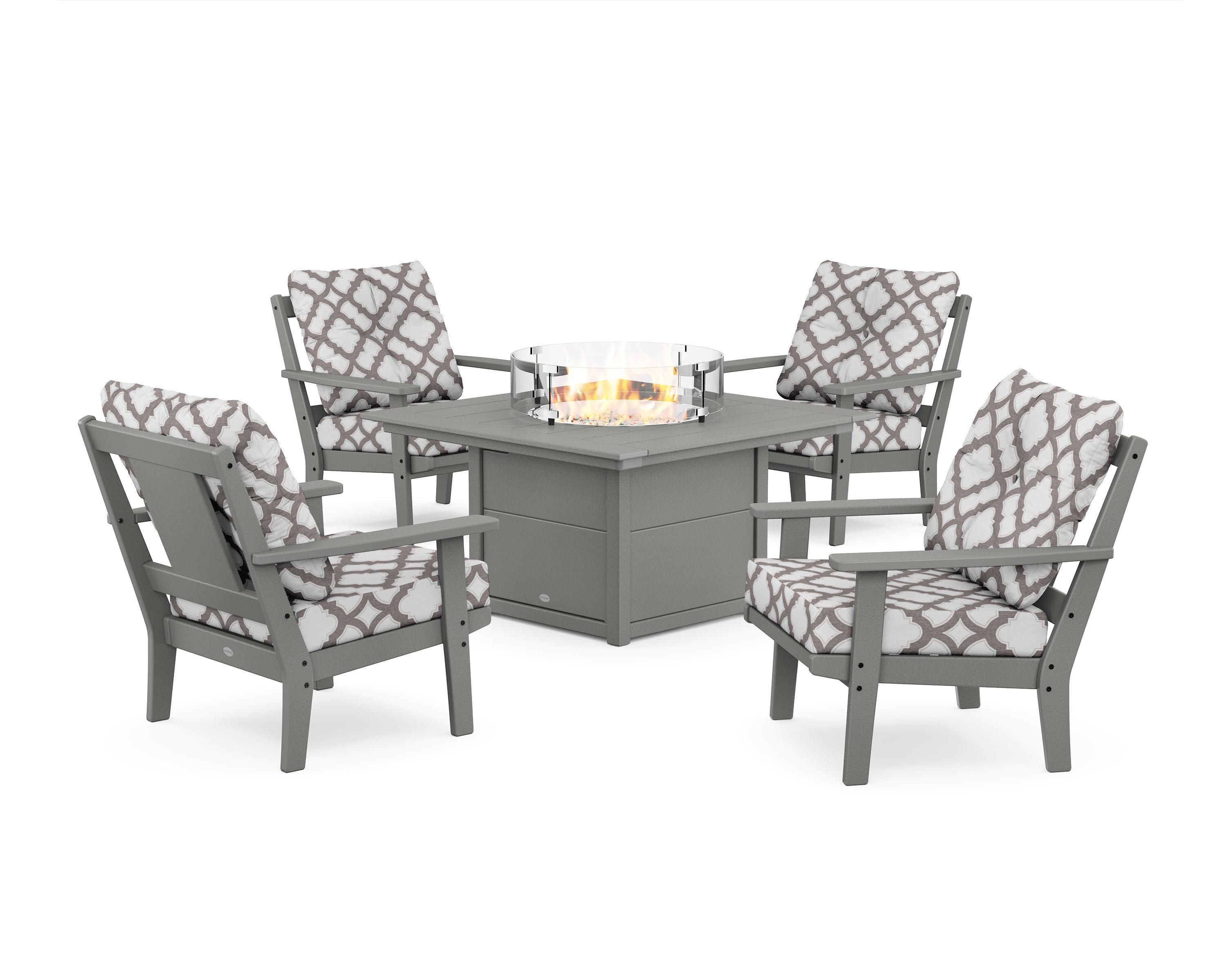 Prairie 5-Piece Deep Seating Set with Fire Pit Table in Slate Grey / Trellis Grey Mist