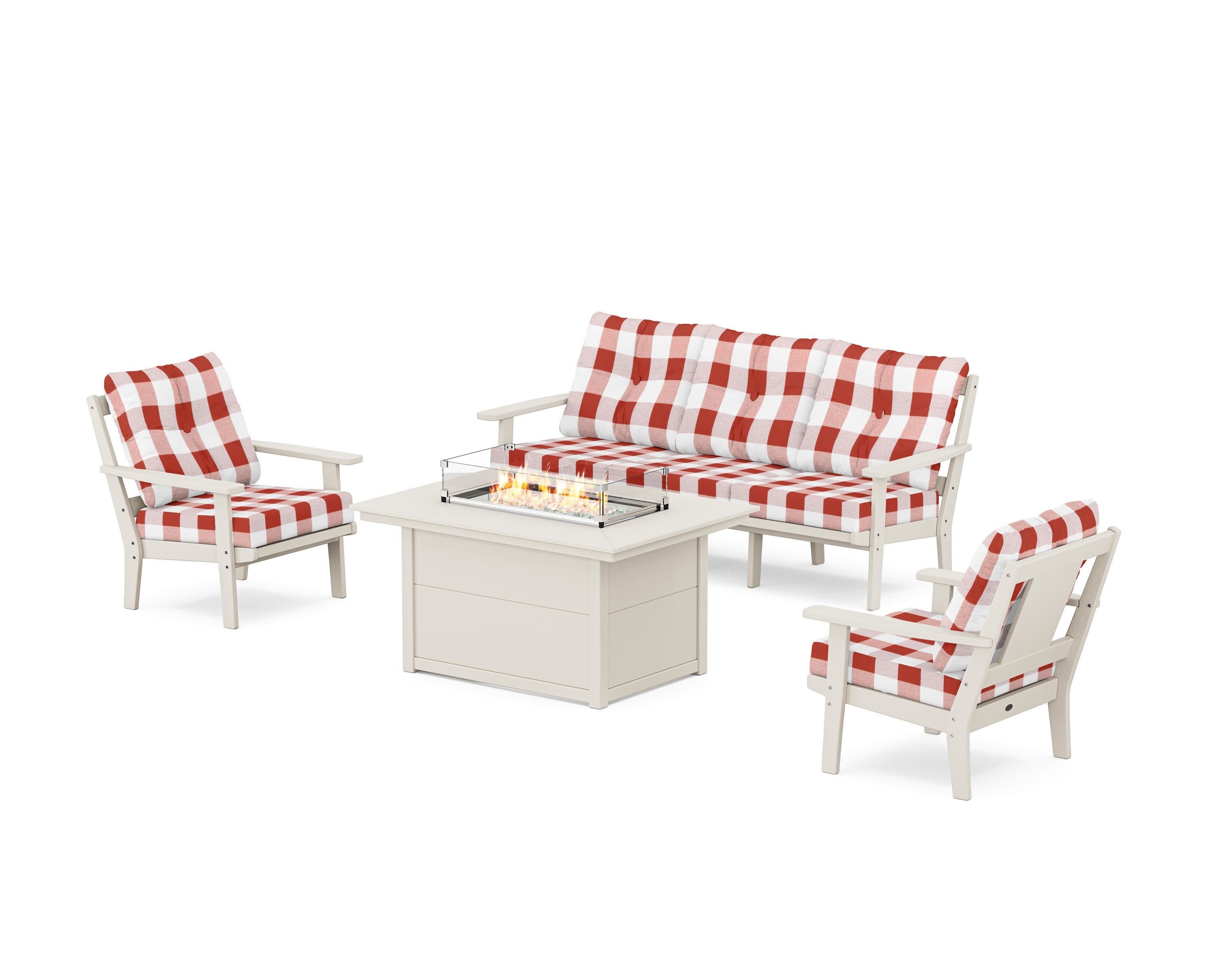 Prairie Deep Seating Fire Pit Table Set in Sand / Buffalo Plaid Crimson