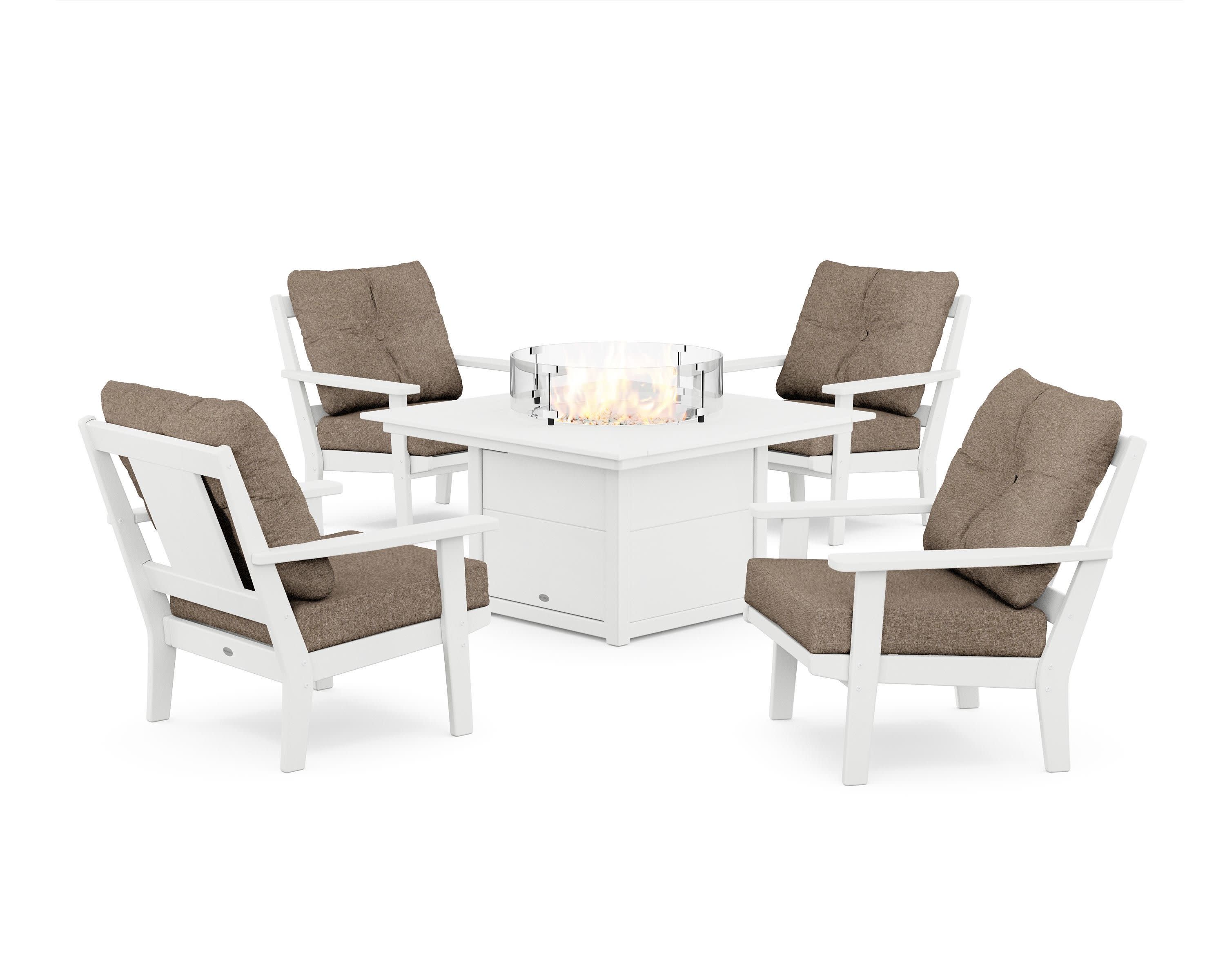 Prairie 5-Piece Deep Seating Set with Fire Pit Table in White / Spiced Burlap