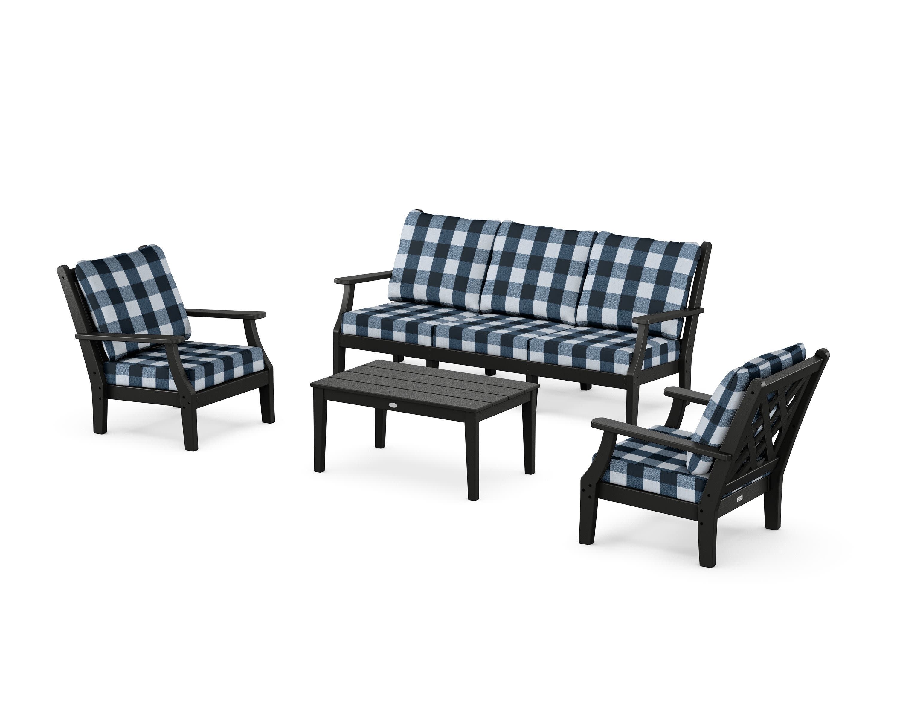 Wovendale 4-Piece Deep Seating Set with Sofa in Black / Buffalo Plaid Marine Indigo