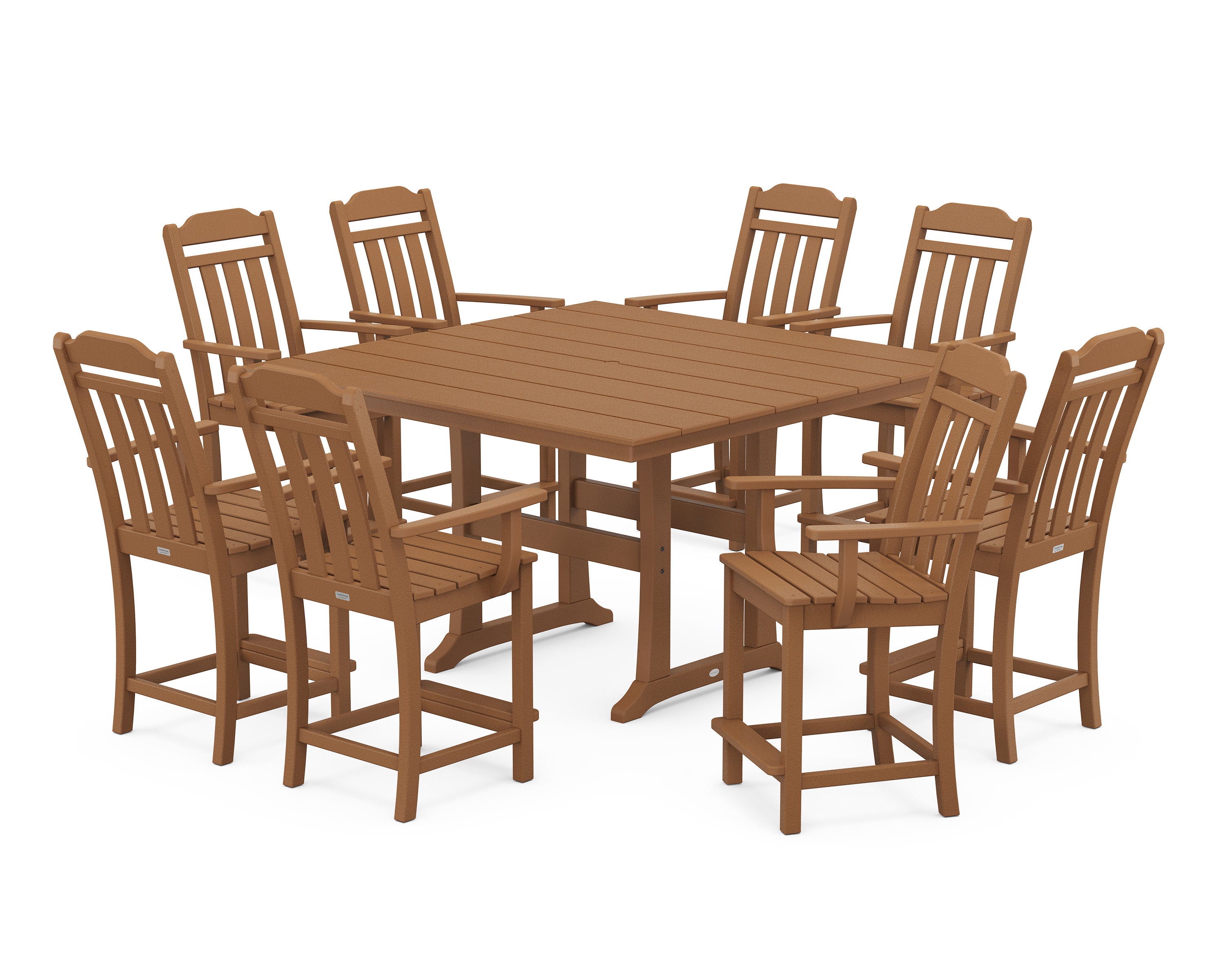 Cottage 9-Piece Square Farmhouse Counter Set with Trestle Legs in Teak
