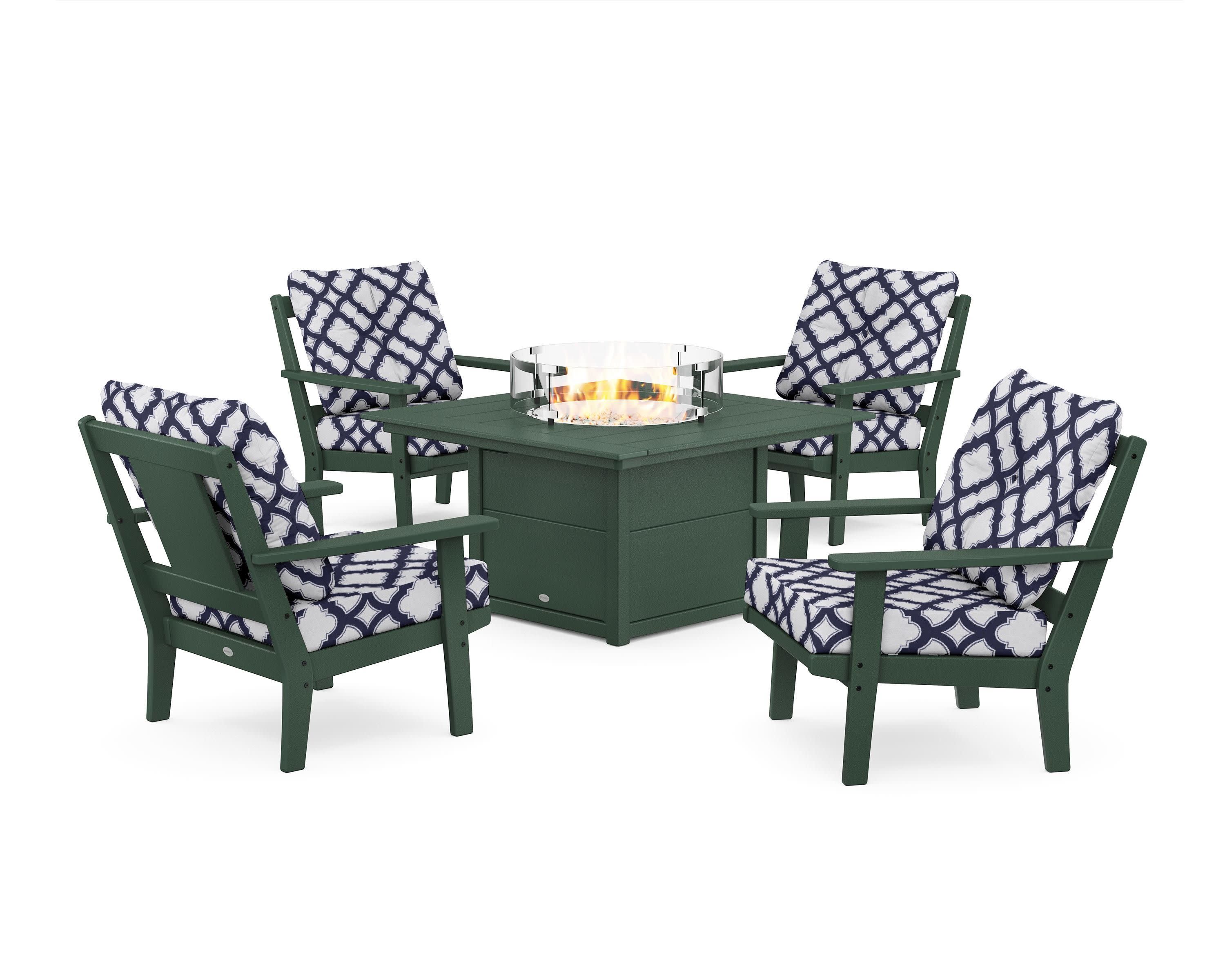 Prairie 5-Piece Deep Seating Set with Fire Pit Table in Green / Trellis Navy