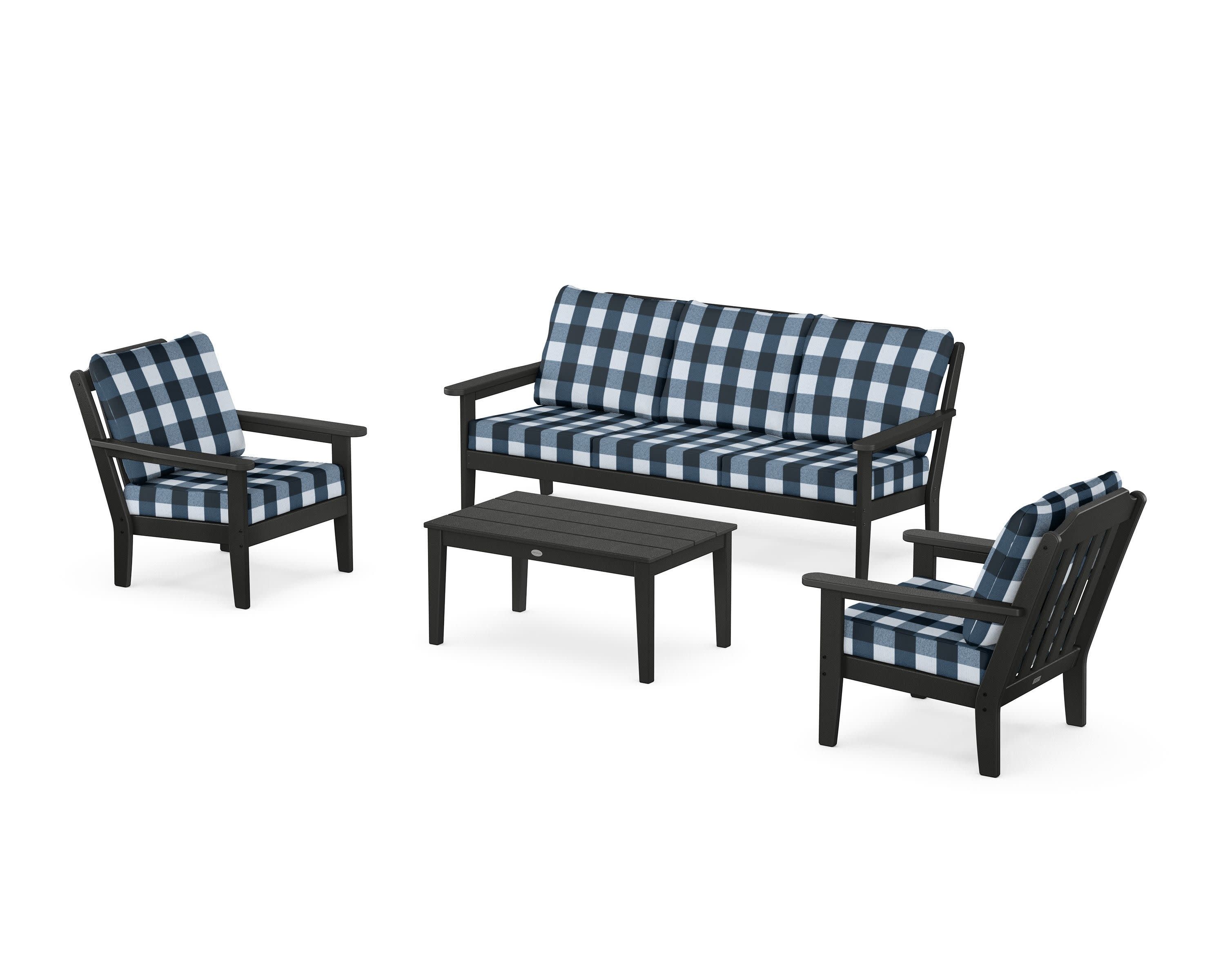 Cottage 4-Piece Deep Seating Set with Sofa in Black / Buffalo Plaid Marine Indigo
