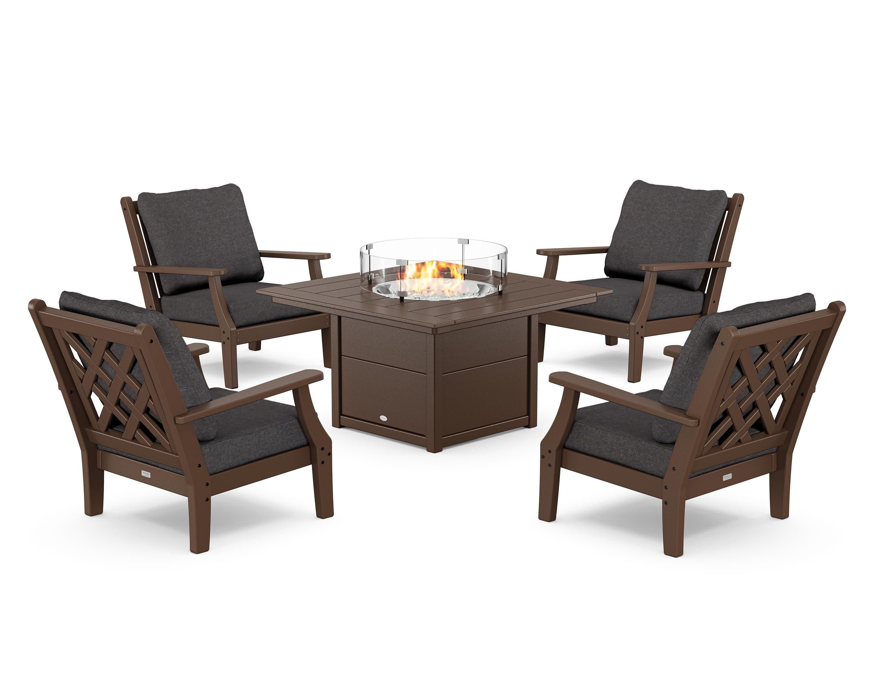 Wovendale 5-Piece Deep Seating Set with Fire Pit Table in Mahogany / Ash Charcoal