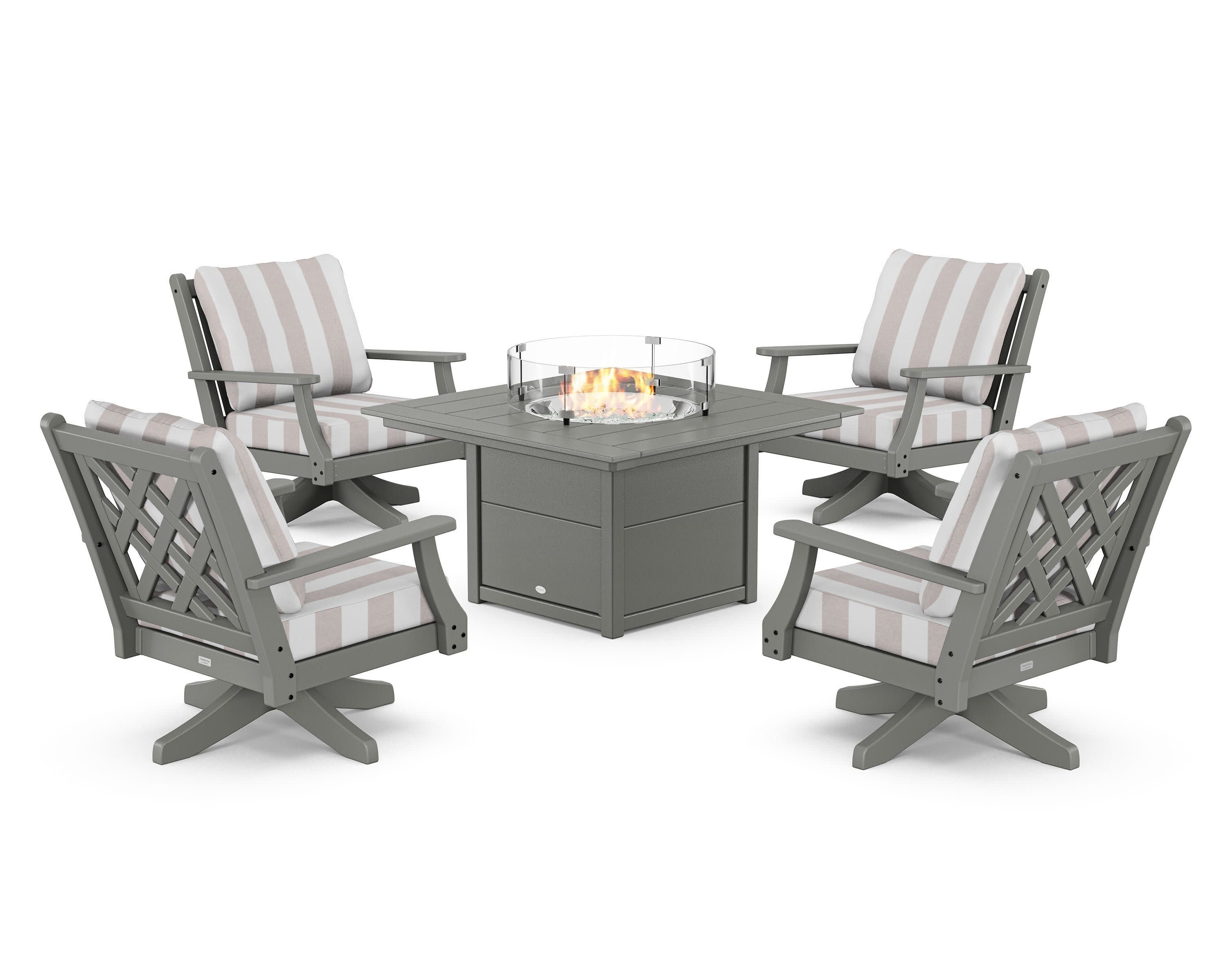 Wovendale 5-Piece Deep Seating Swivel Conversation Set with Fire Pit Table in Slate Grey / Cabana Stripe Dune Burlap
