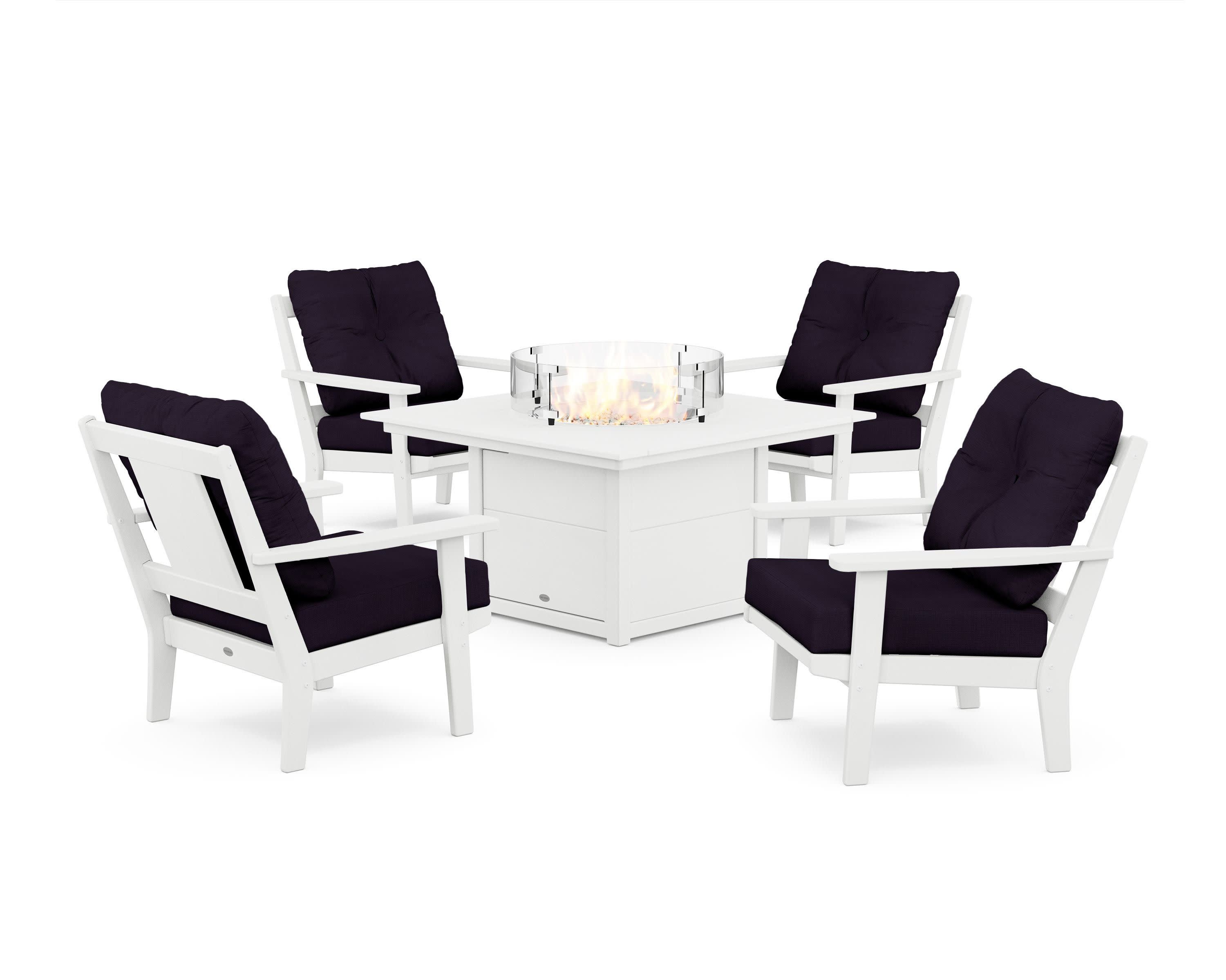 Prairie 5-Piece Deep Seating Set with Fire Pit Table in White / Navy Linen