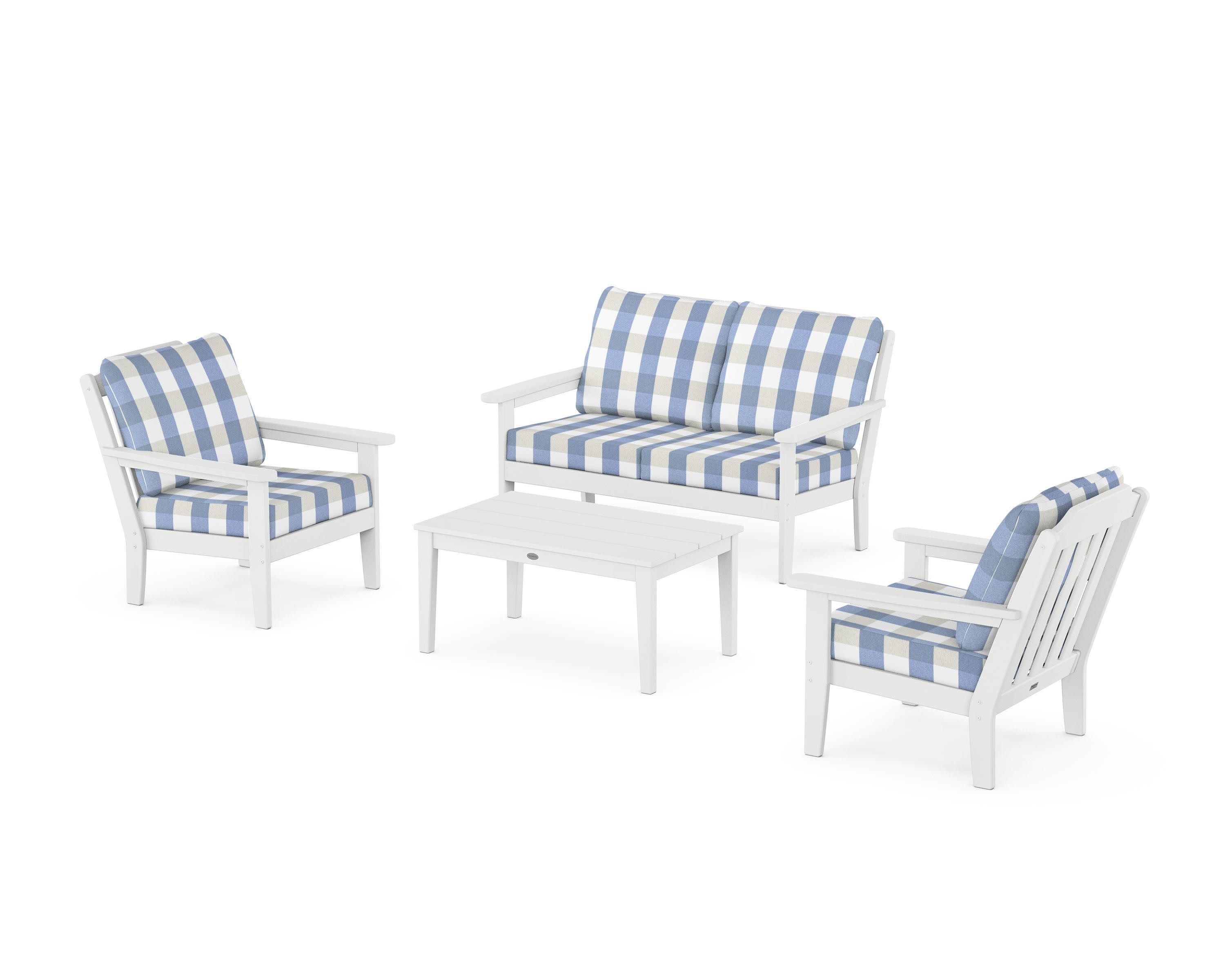 Cottage 4-Piece Deep Seating Set with Loveseat in White / Buffalo Plaid Sky Blue