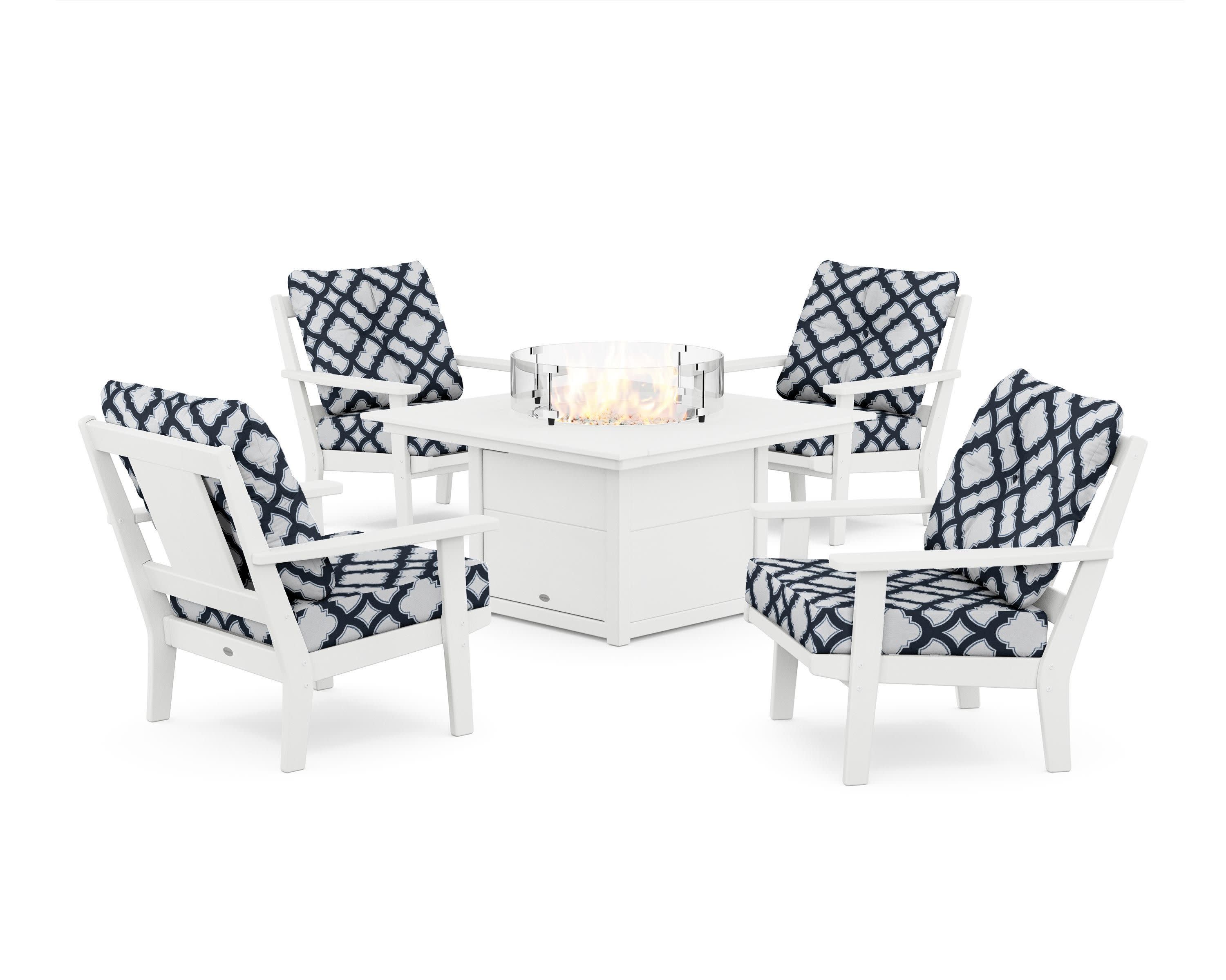 Prairie 5-Piece Deep Seating Set with Fire Pit Table in White / Trellis Marine Indigo