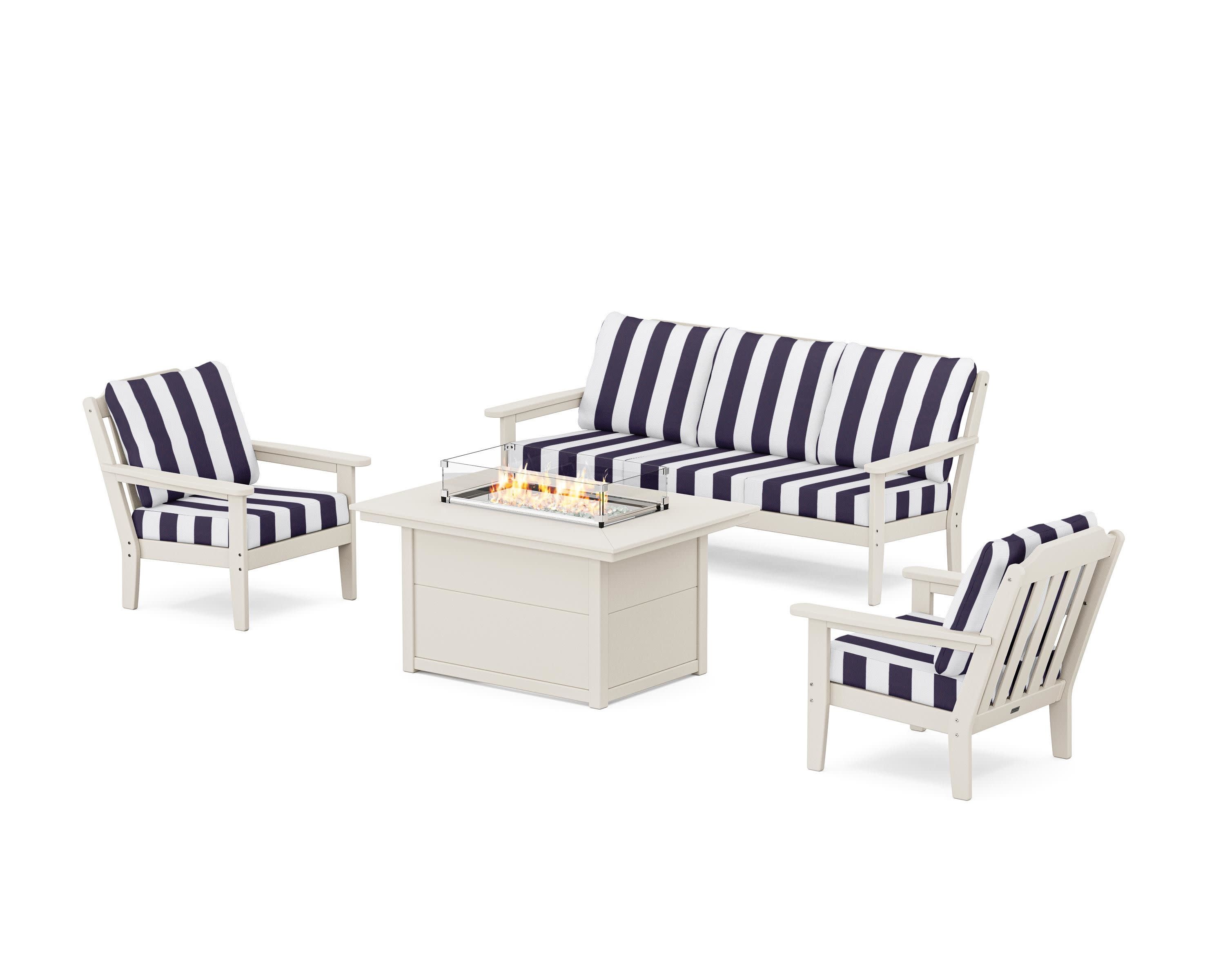 Cottage Deep Seating Fire Pit Table Set in Sand / Cabana Stripe Navy