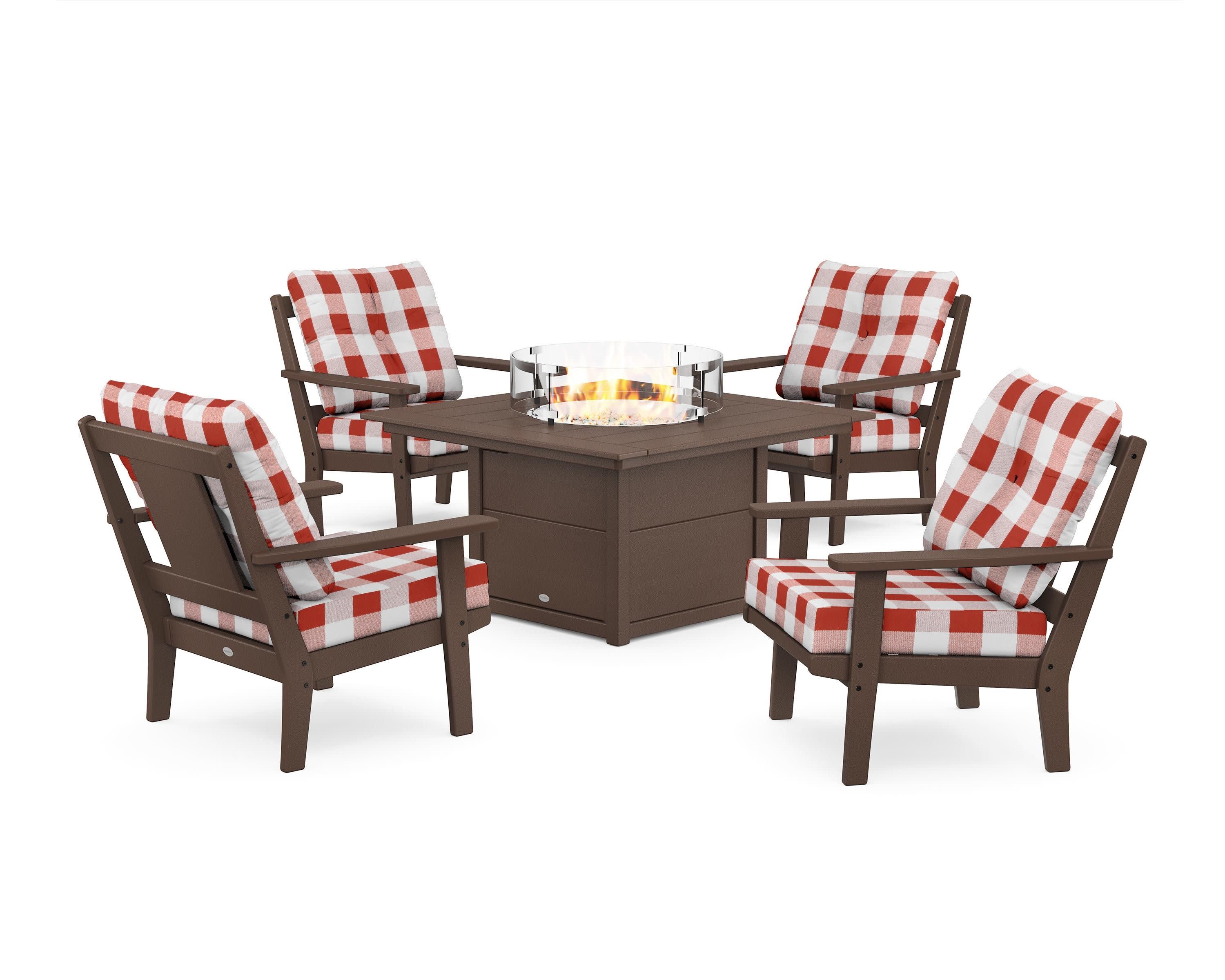 Prairie 5-Piece Deep Seating Set with Fire Pit Table in Mahogany / Buffalo Plaid Crimson