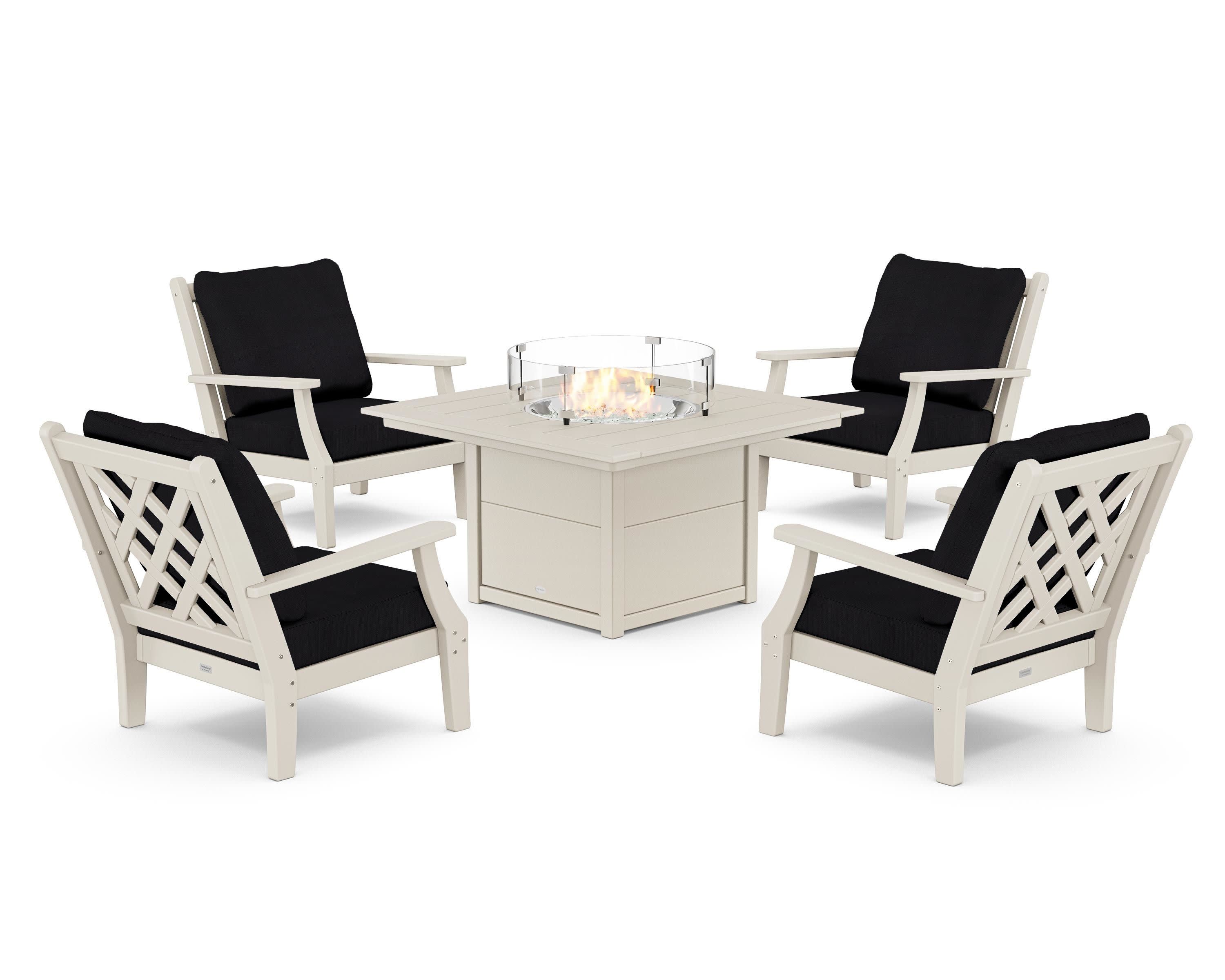 Wovendale 5-Piece Deep Seating Set with Fire Pit Table in Sand / Midnight Linen