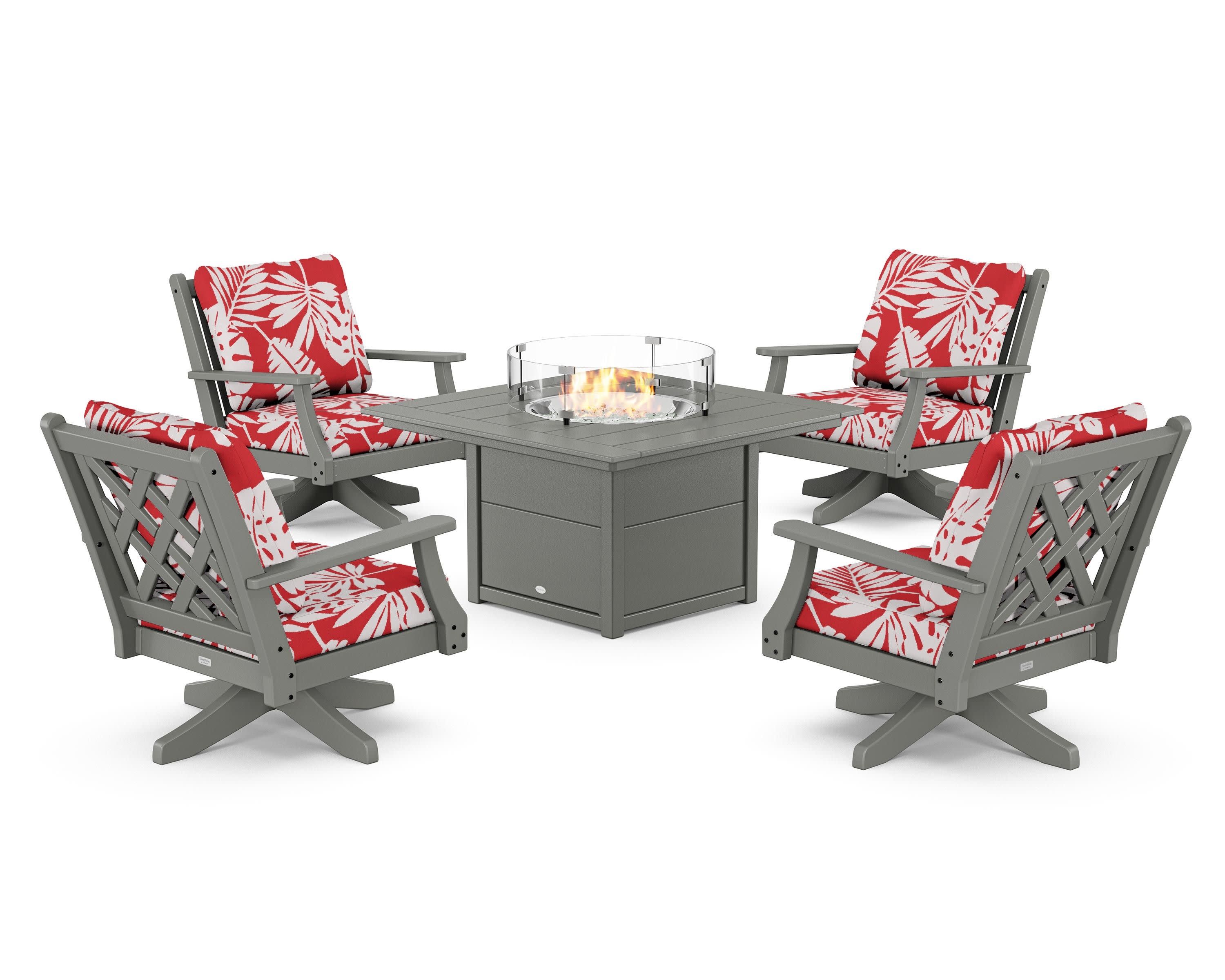 Wovendale 5-Piece Deep Seating Swivel Conversation Set with Fire Pit Table in Slate Grey / Leaf Crimson
