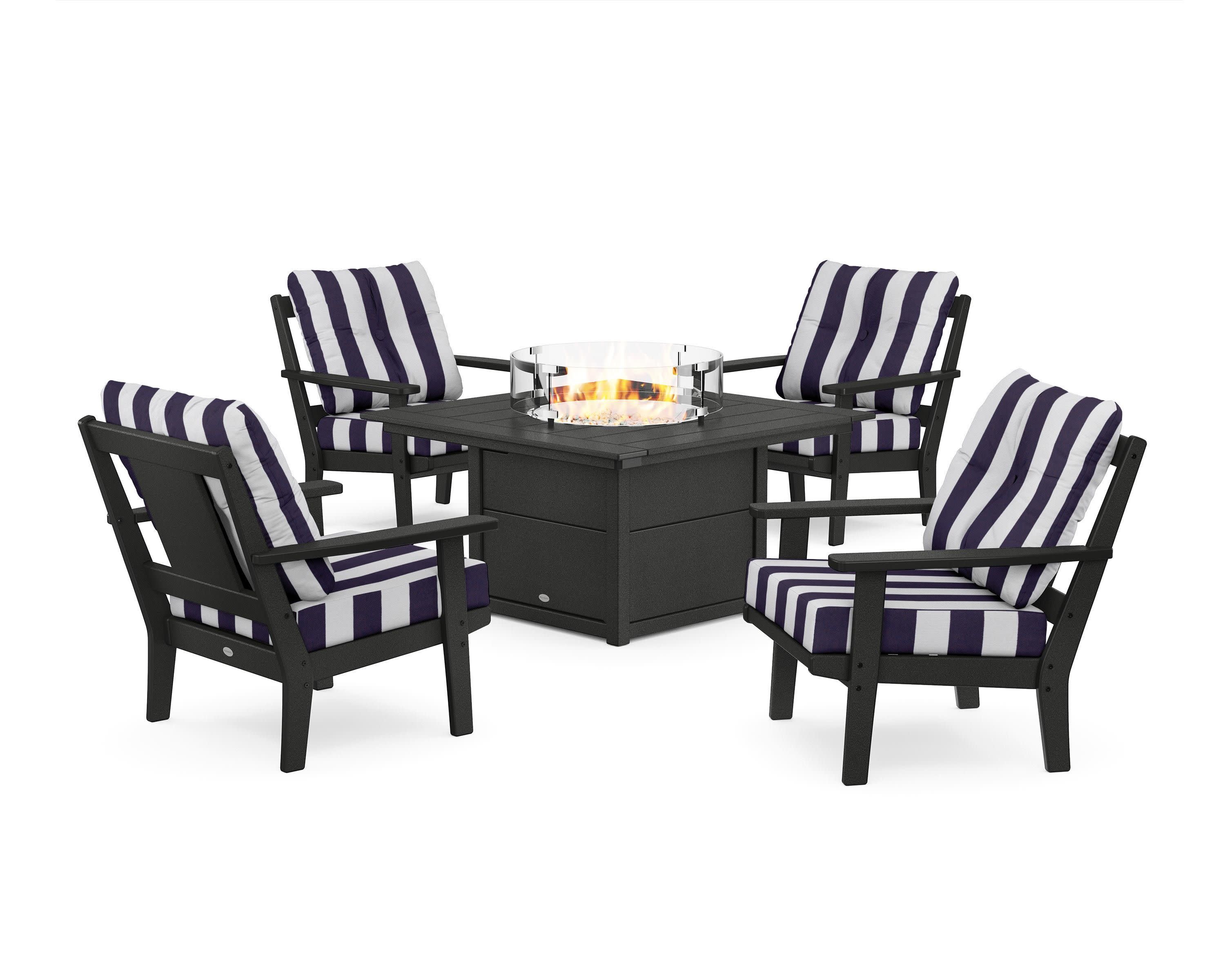 Prairie 5-Piece Deep Seating Set with Fire Pit Table in Black / Cabana Stripe Navy