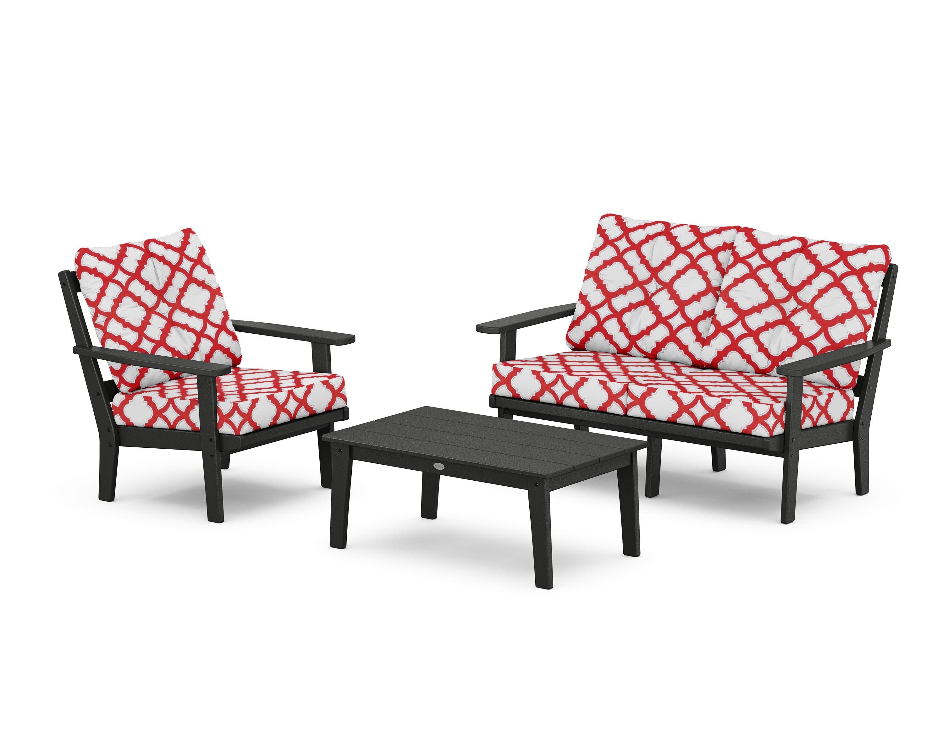 Prairie 3-Piece Deep Seating Set with Loveseat in Black / Trellis Crimson