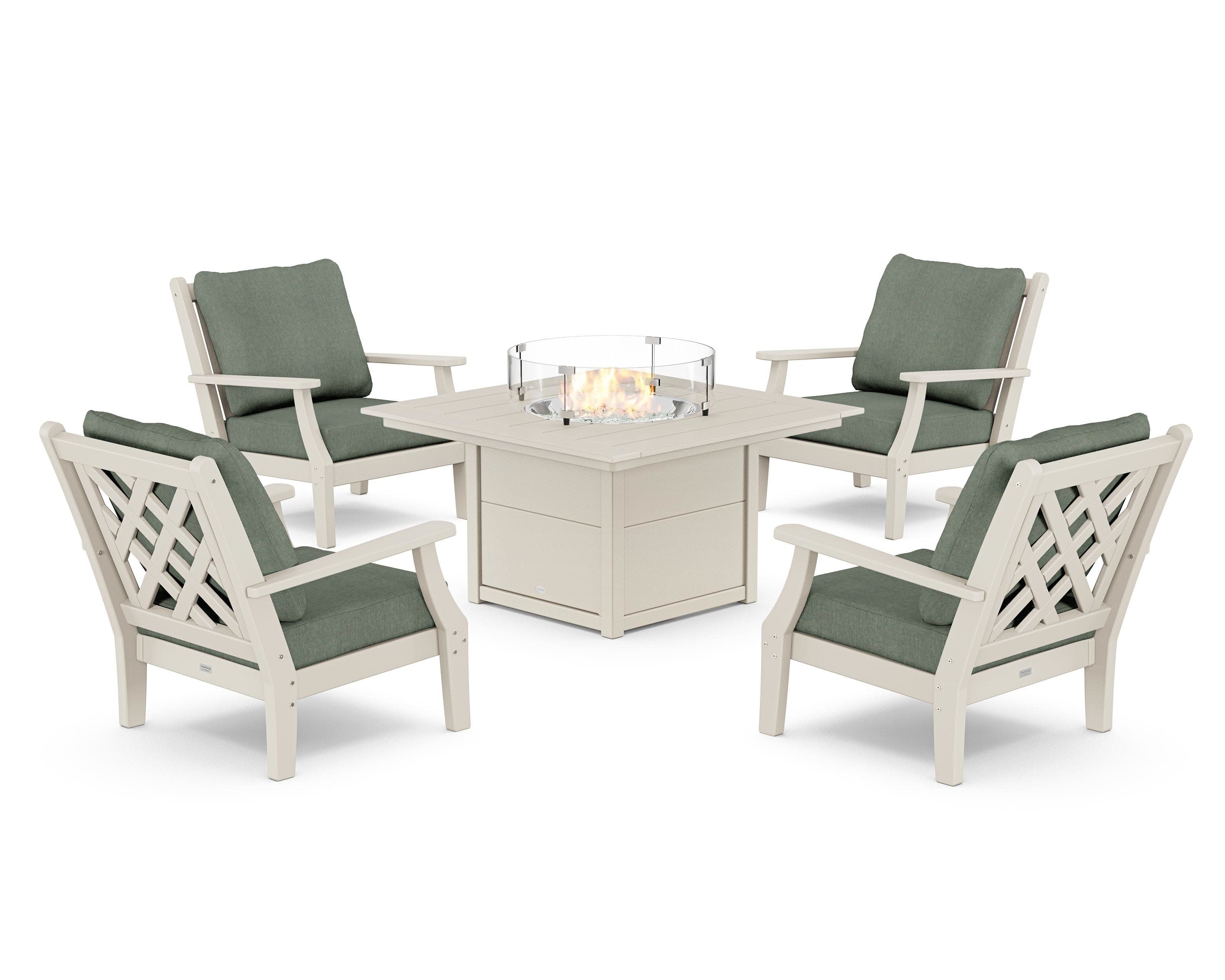 Wovendale 5-Piece Deep Seating Set with Fire Pit Table in Sand / Cast Sage