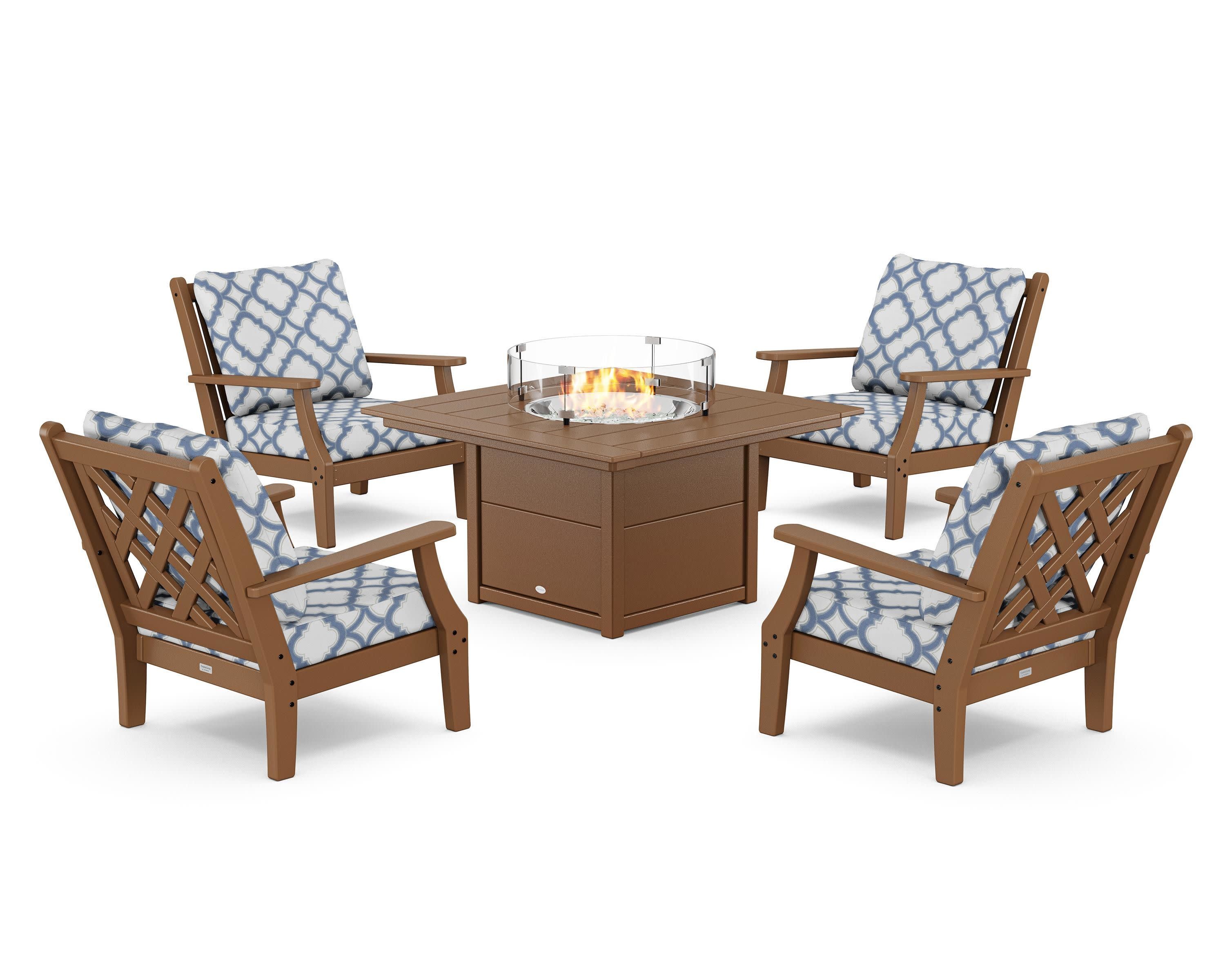 Wovendale 5-Piece Deep Seating Set with Fire Pit Table in Teak / Trellis Sky Blue