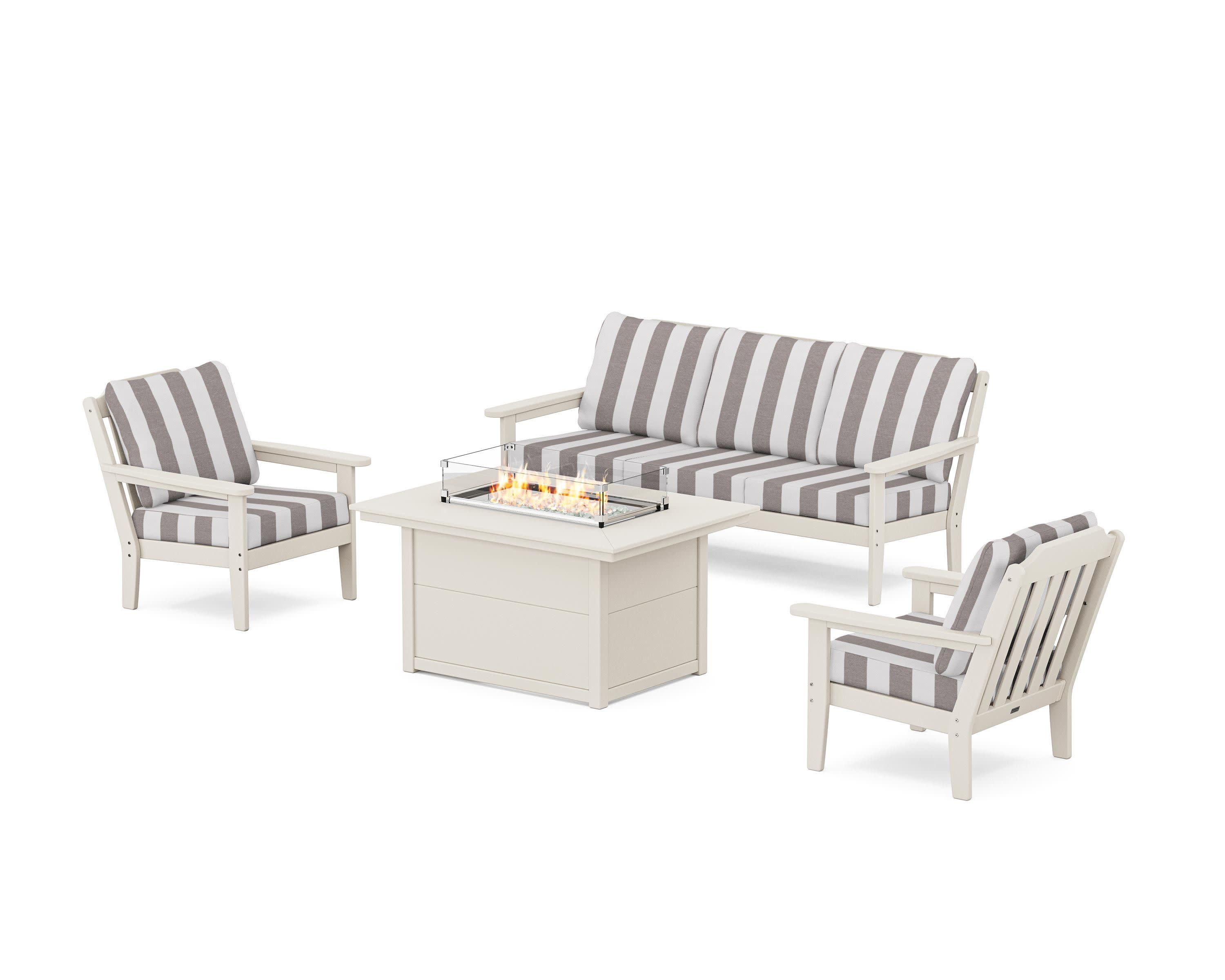 Cottage Deep Seating Fire Pit Table Set in Sand / Cabana Stripe Grey Mist