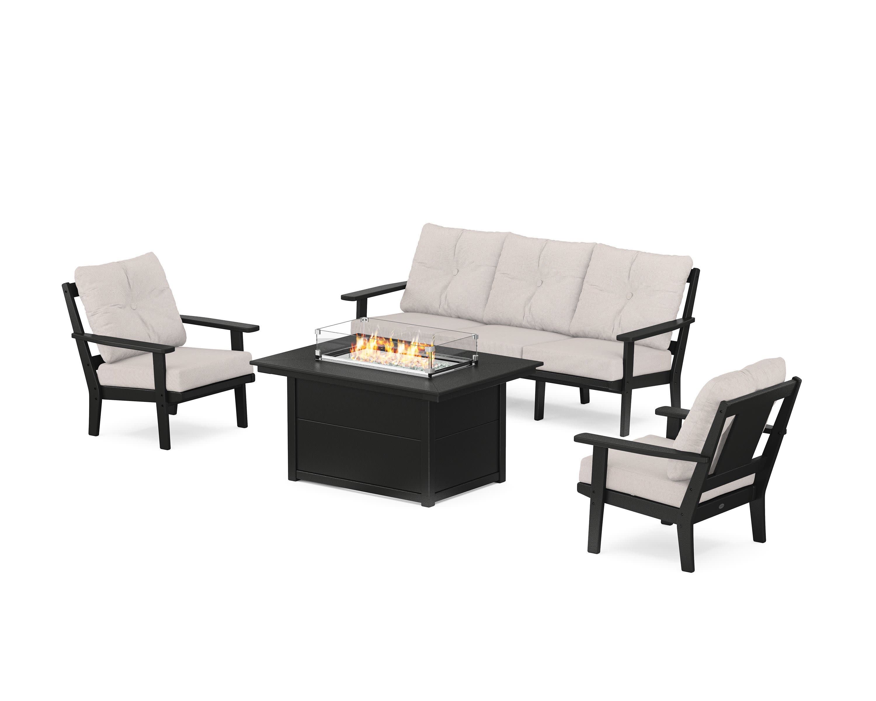 Prairie Deep Seating Fire Pit Table Set in Black / Dune Burlap