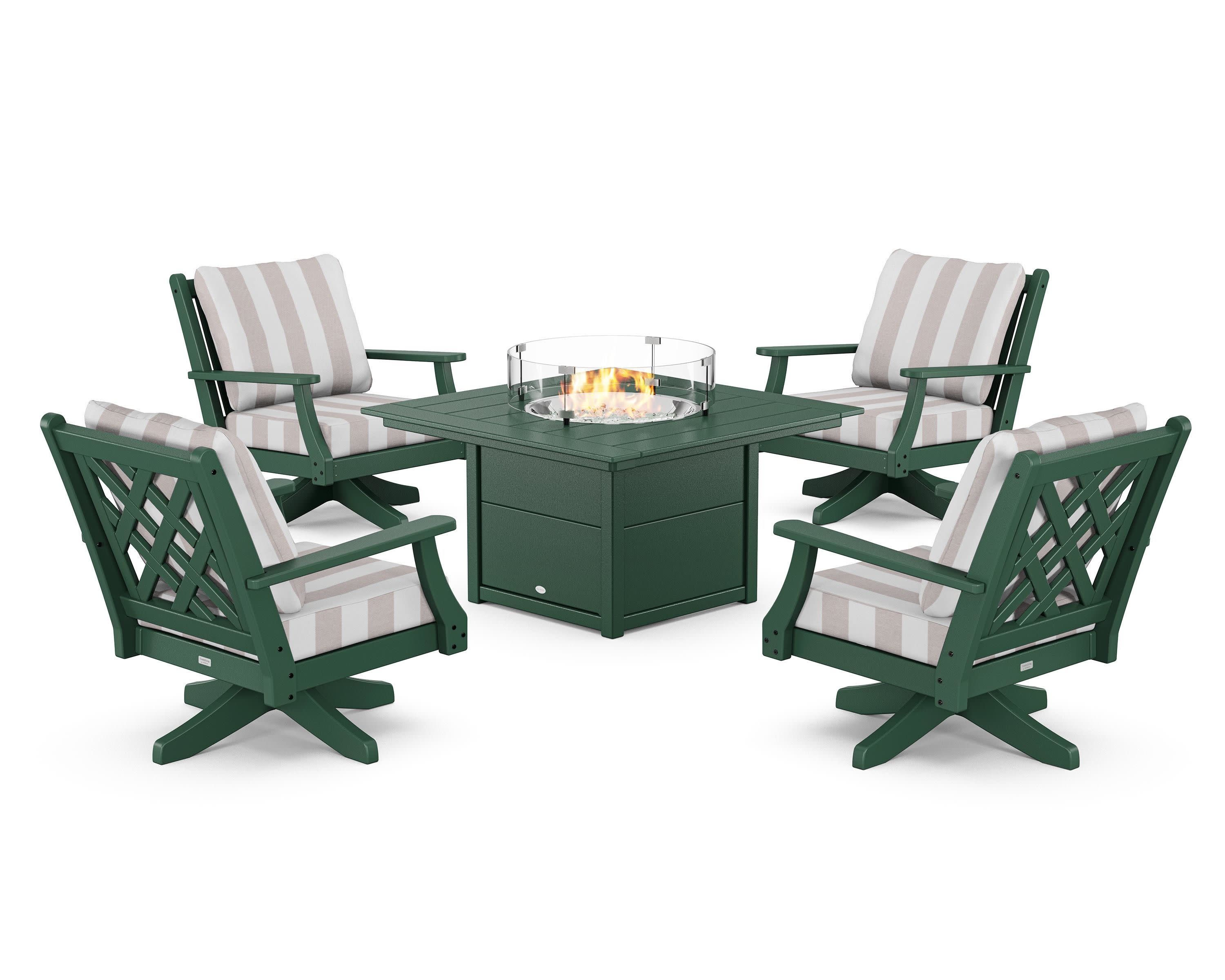 Wovendale 5-Piece Deep Seating Swivel Conversation Set with Fire Pit Table in Green / Cabana Stripe Dune Burlap