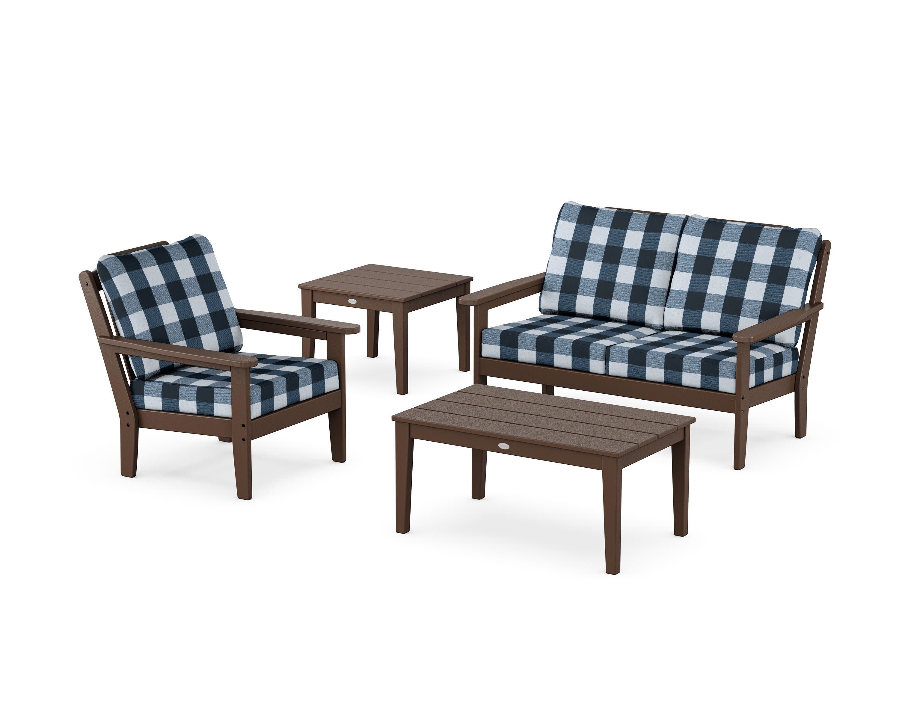 Wovendale 4-Piece Deep Seating Set in Mahogany / Buffalo Plaid Marine Indigo