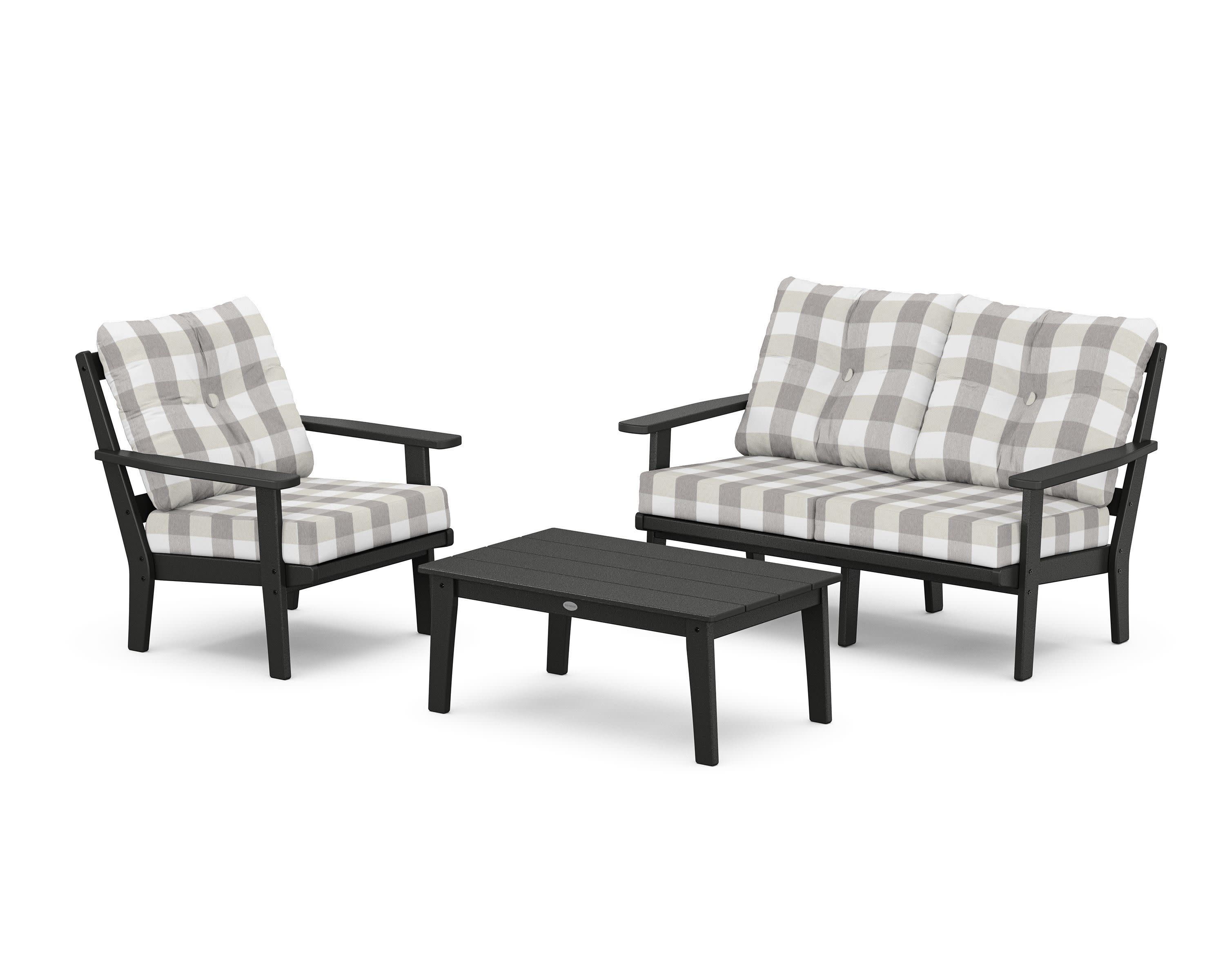 Prairie 3-Piece Deep Seating Set with Loveseat in Black / Buffalo Plaid Grey Mist