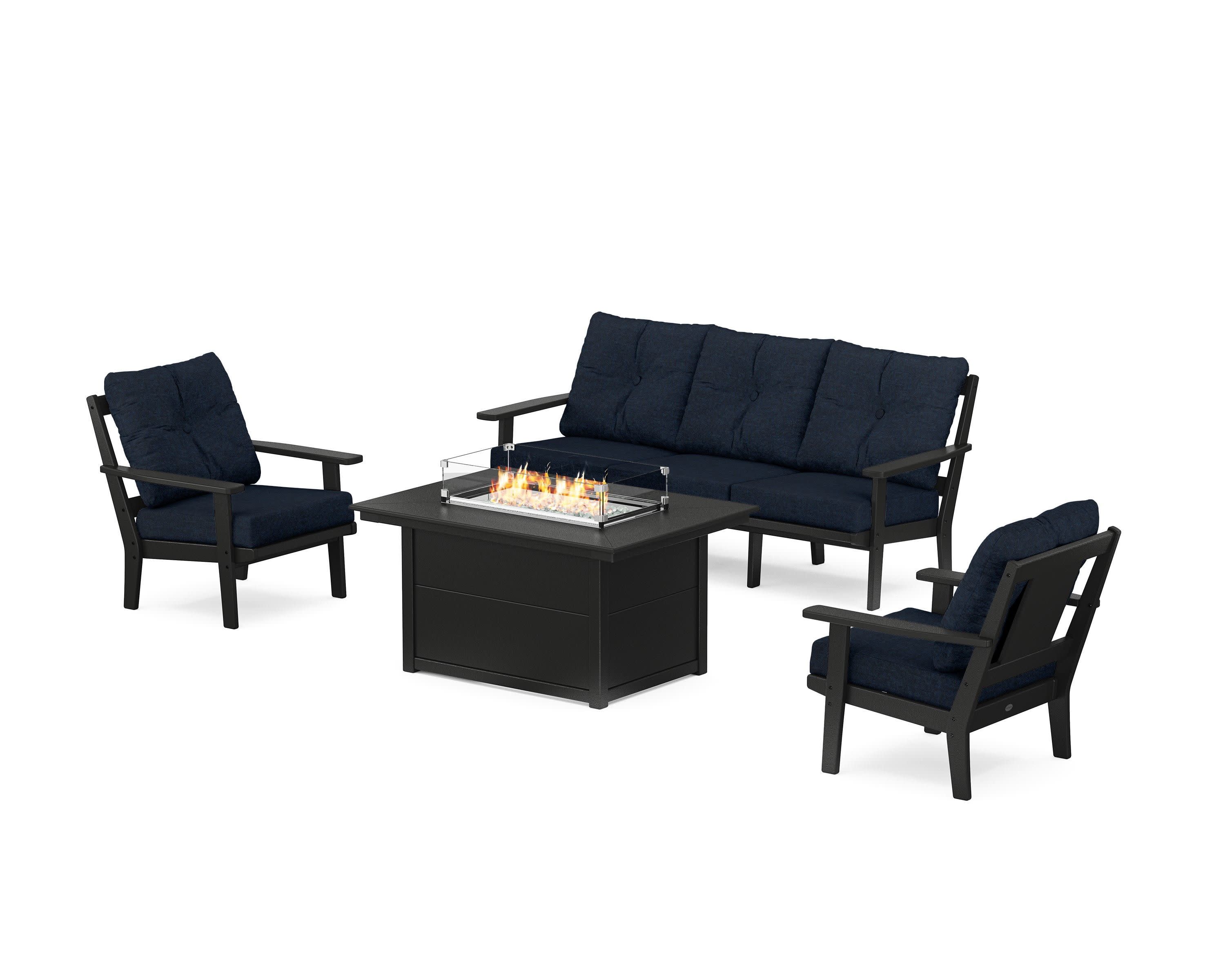 Prairie Deep Seating Fire Pit Table Set in Black / Marine Indigo