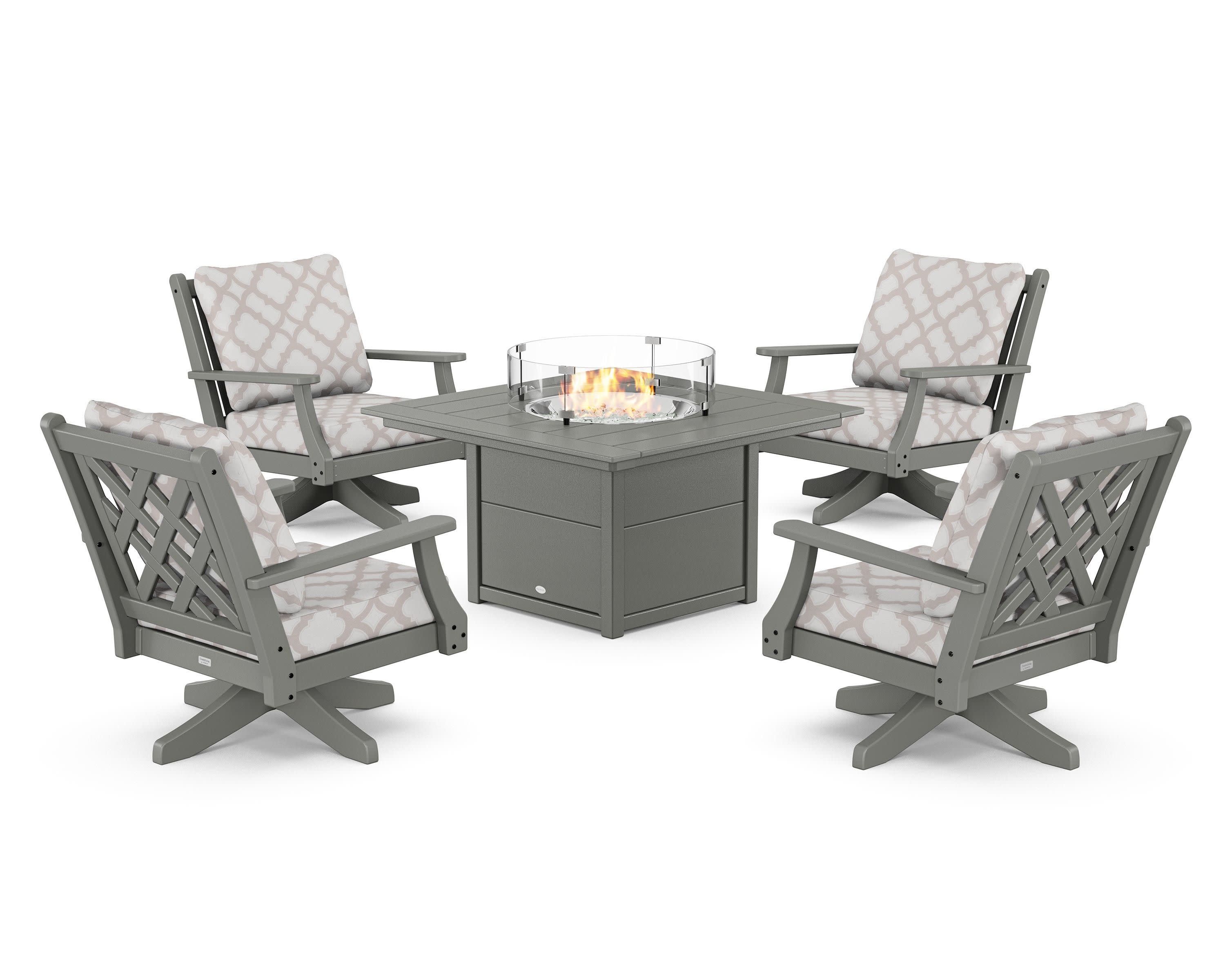 Wovendale 5-Piece Deep Seating Swivel Conversation Set with Fire Pit Table in Slate Grey / Trellis Dune Burlap