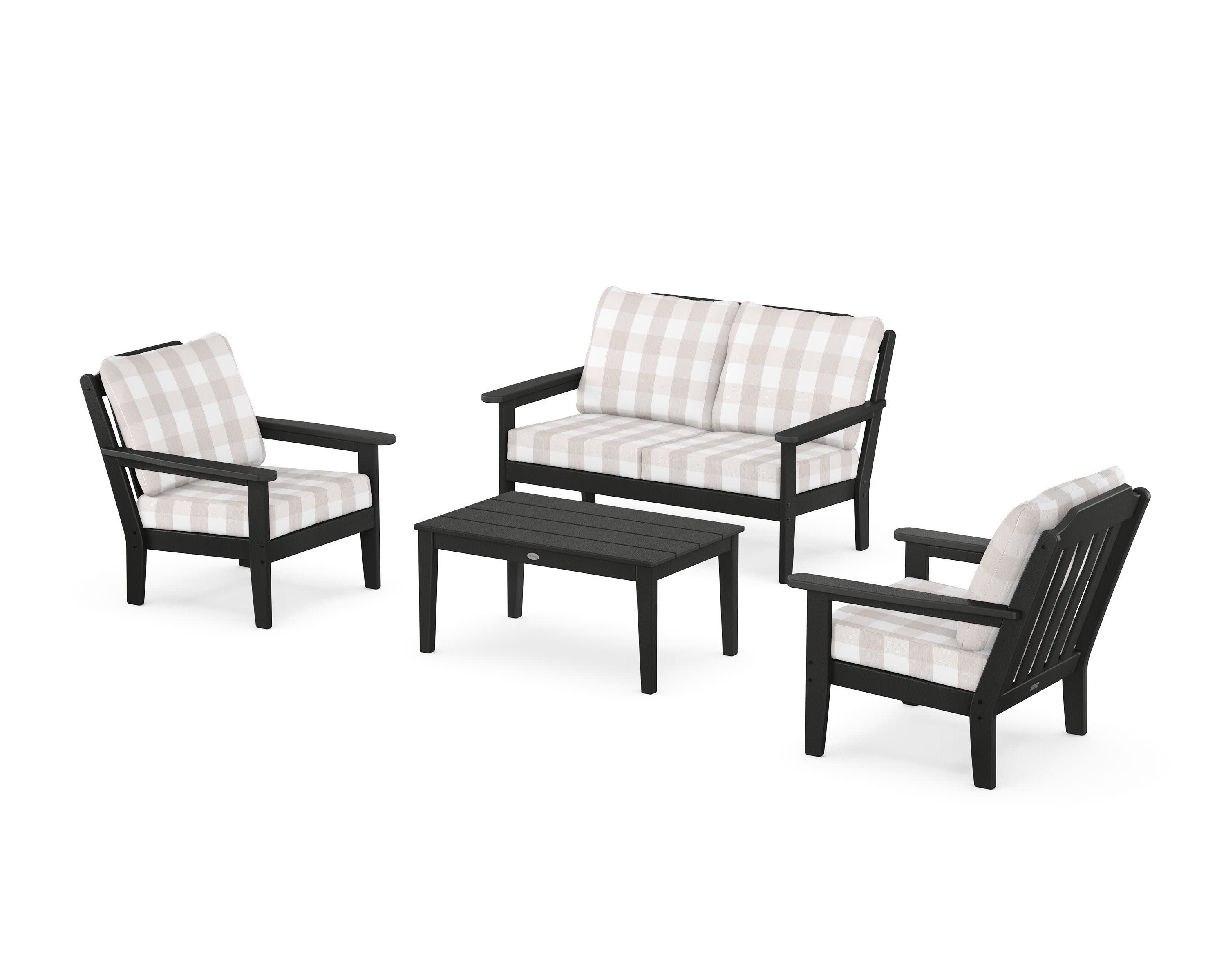 Cottage 4-Piece Deep Seating Set with Loveseat in Black / Buffalo Plaid Dune Burlap