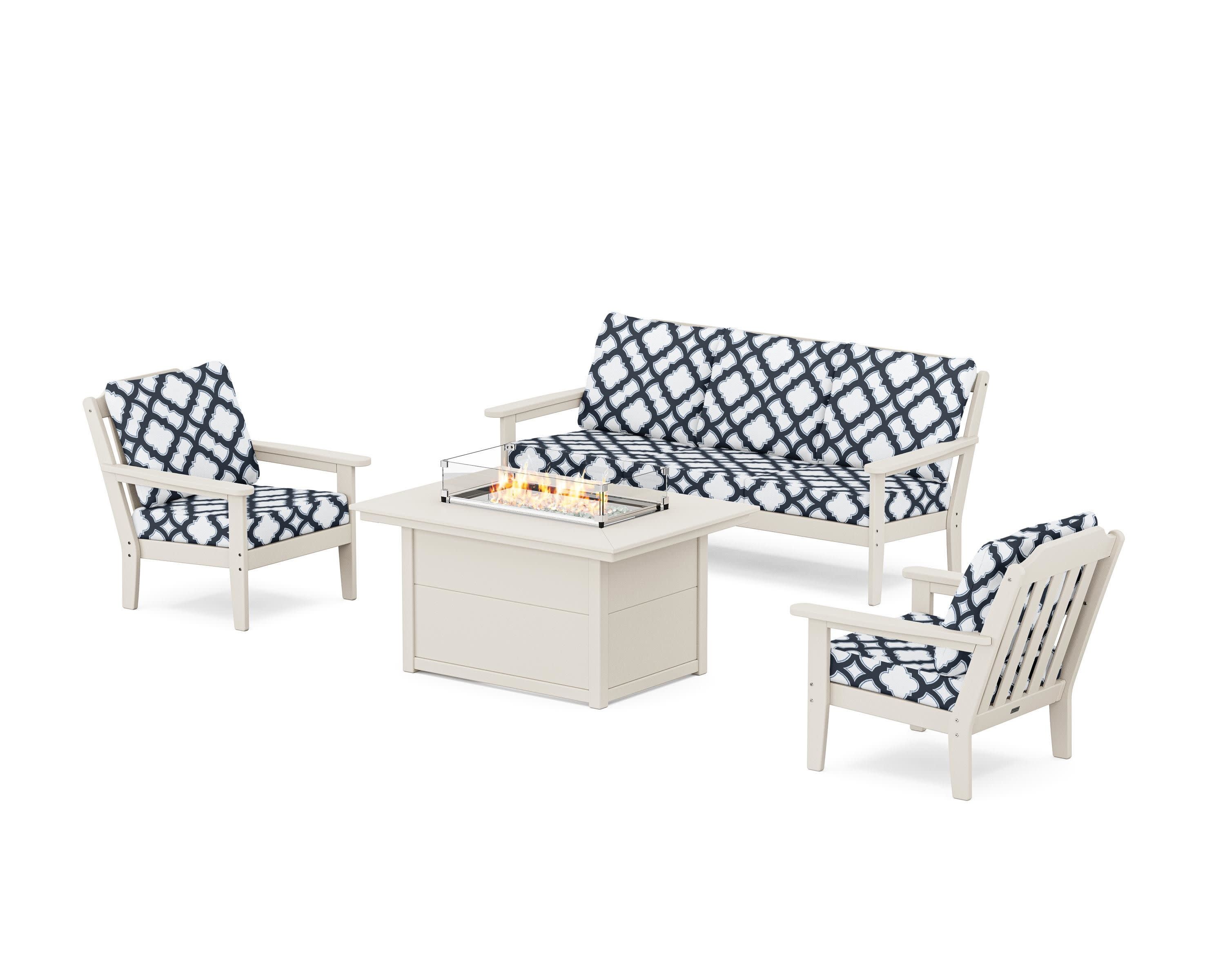 Cottage Deep Seating Fire Pit Table Set in Sand / Trellis Marine Indigo