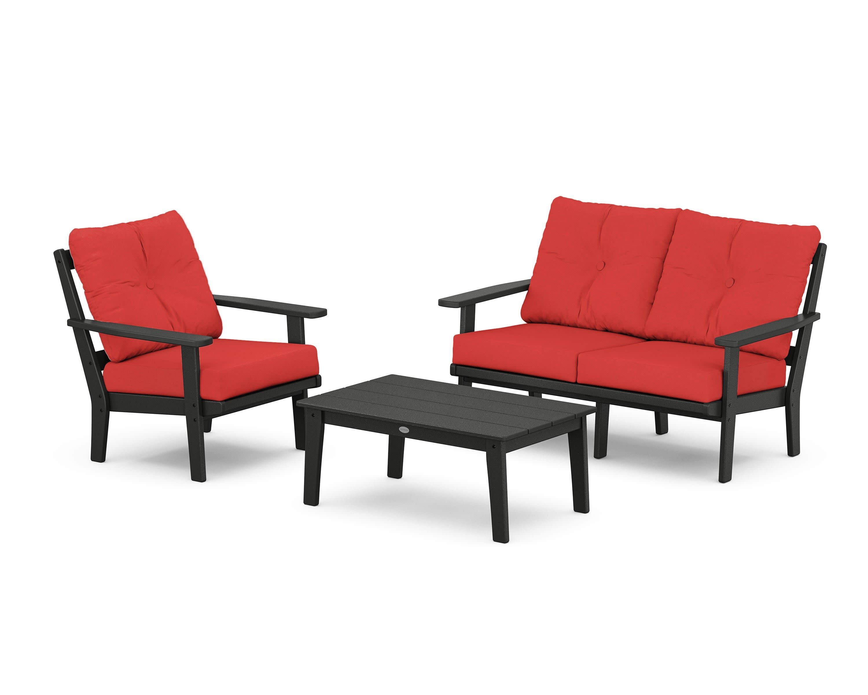 Prairie 3-Piece Deep Seating Set with Loveseat in Black / Crimson Linen