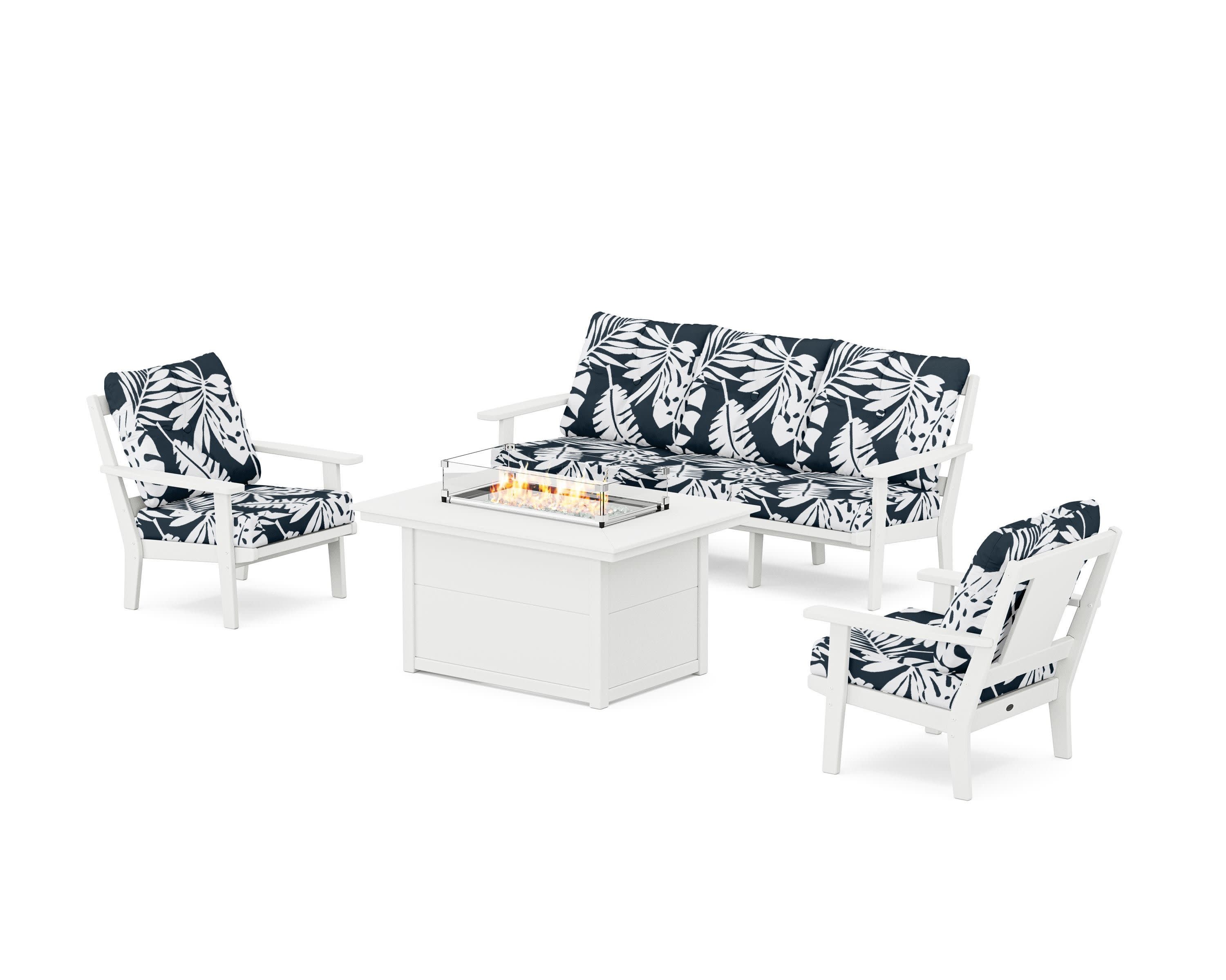 Prairie Deep Seating Fire Pit Table Set in White / Leaf Marine Indigo