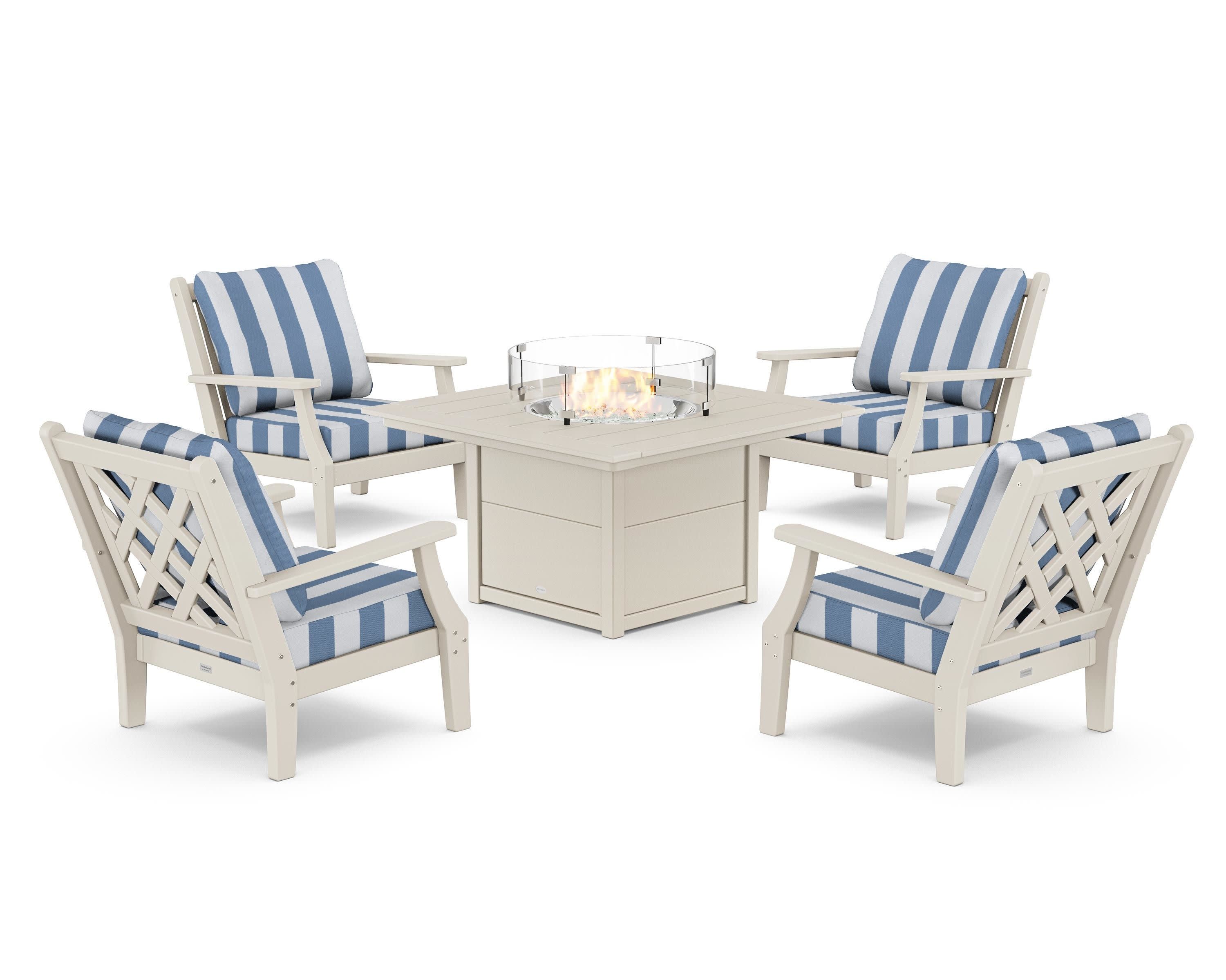 Wovendale 5-Piece Deep Seating Set with Fire Pit Table in Sand / Cabana Stripe Sky Blue