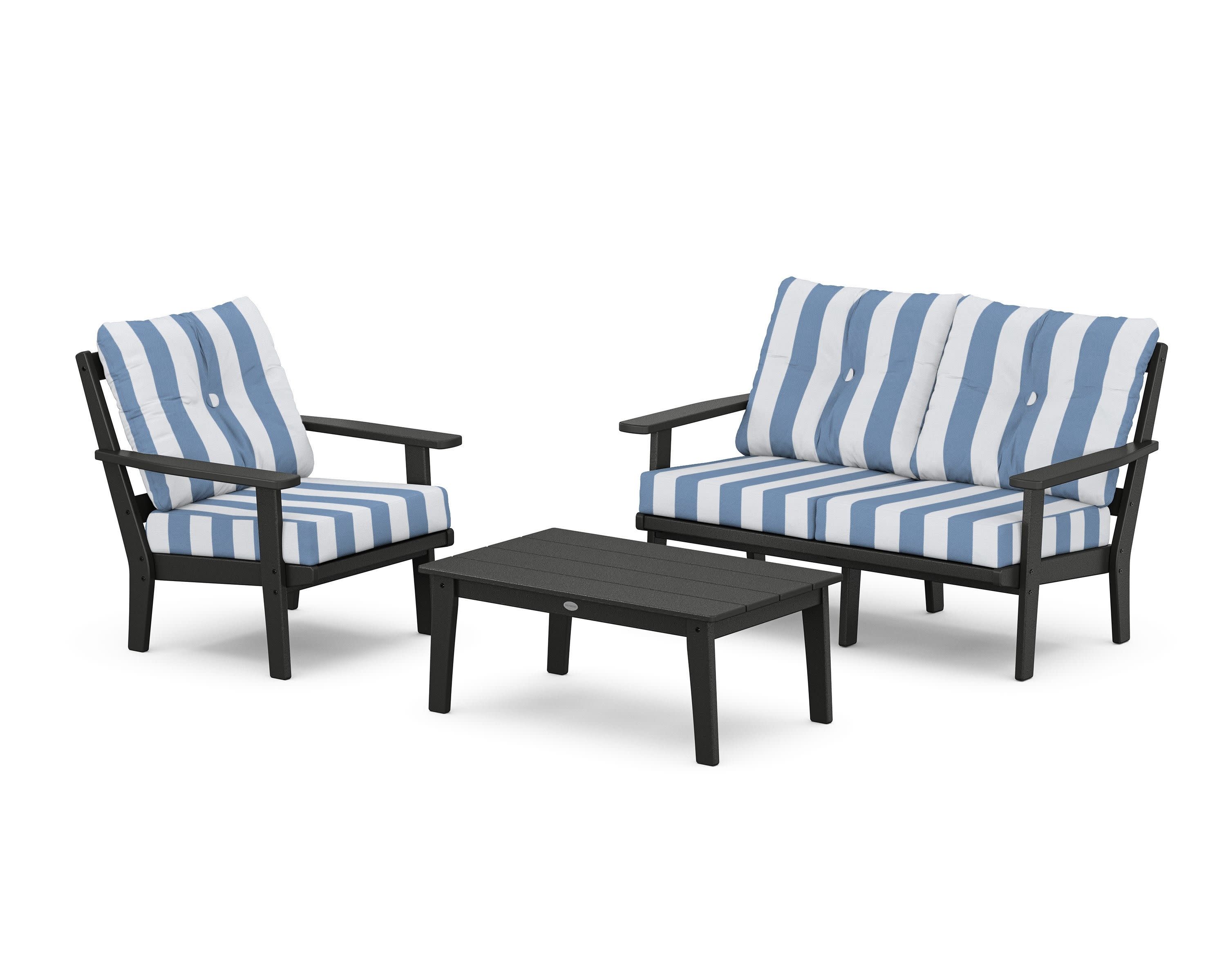 Prairie 3-Piece Deep Seating Set with Loveseat in Black / Cabana Stripe Sky Blue