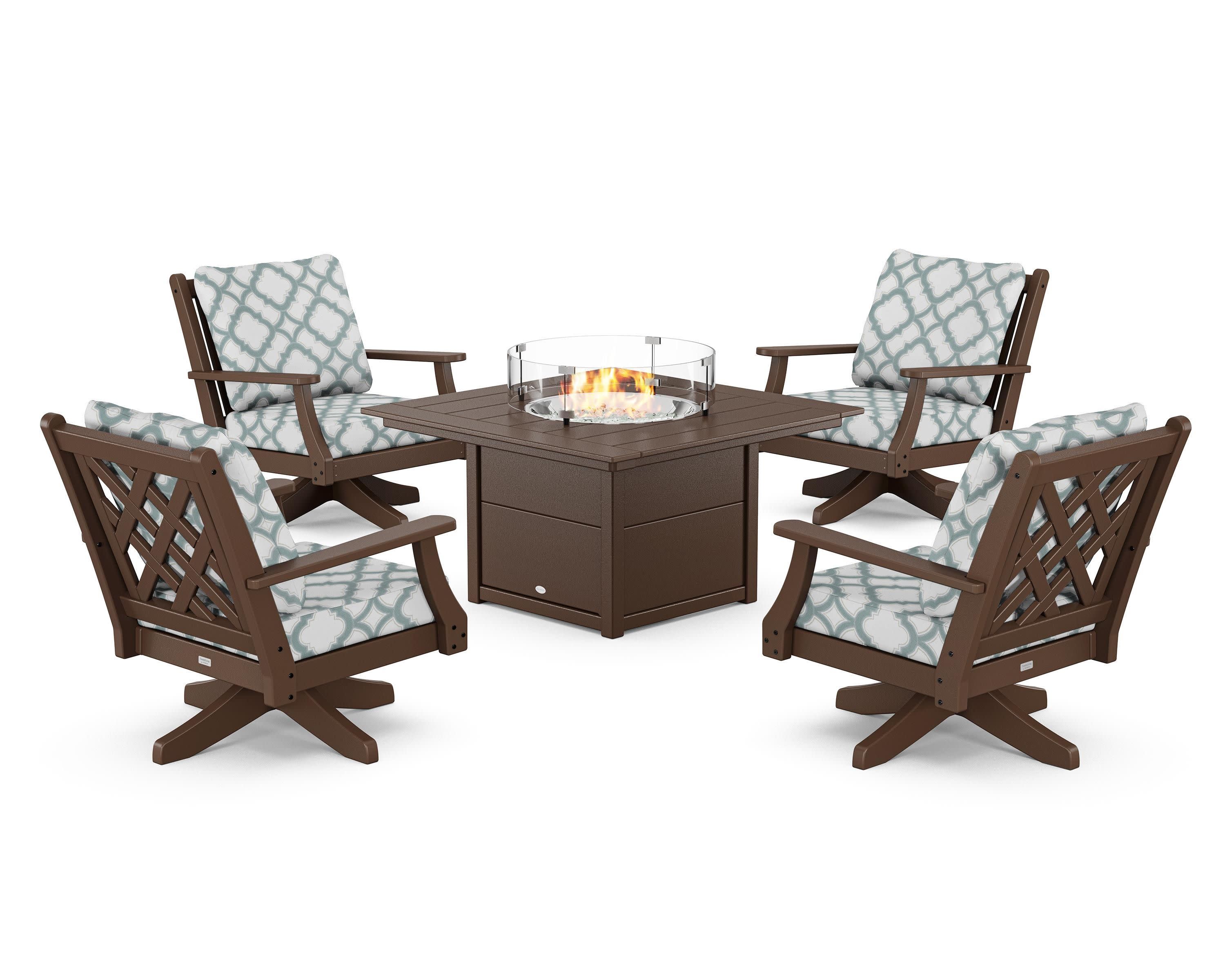 Wovendale 5-Piece Deep Seating Swivel Conversation Set with Fire Pit Table in Mahogany / Trellis Glacier Spa