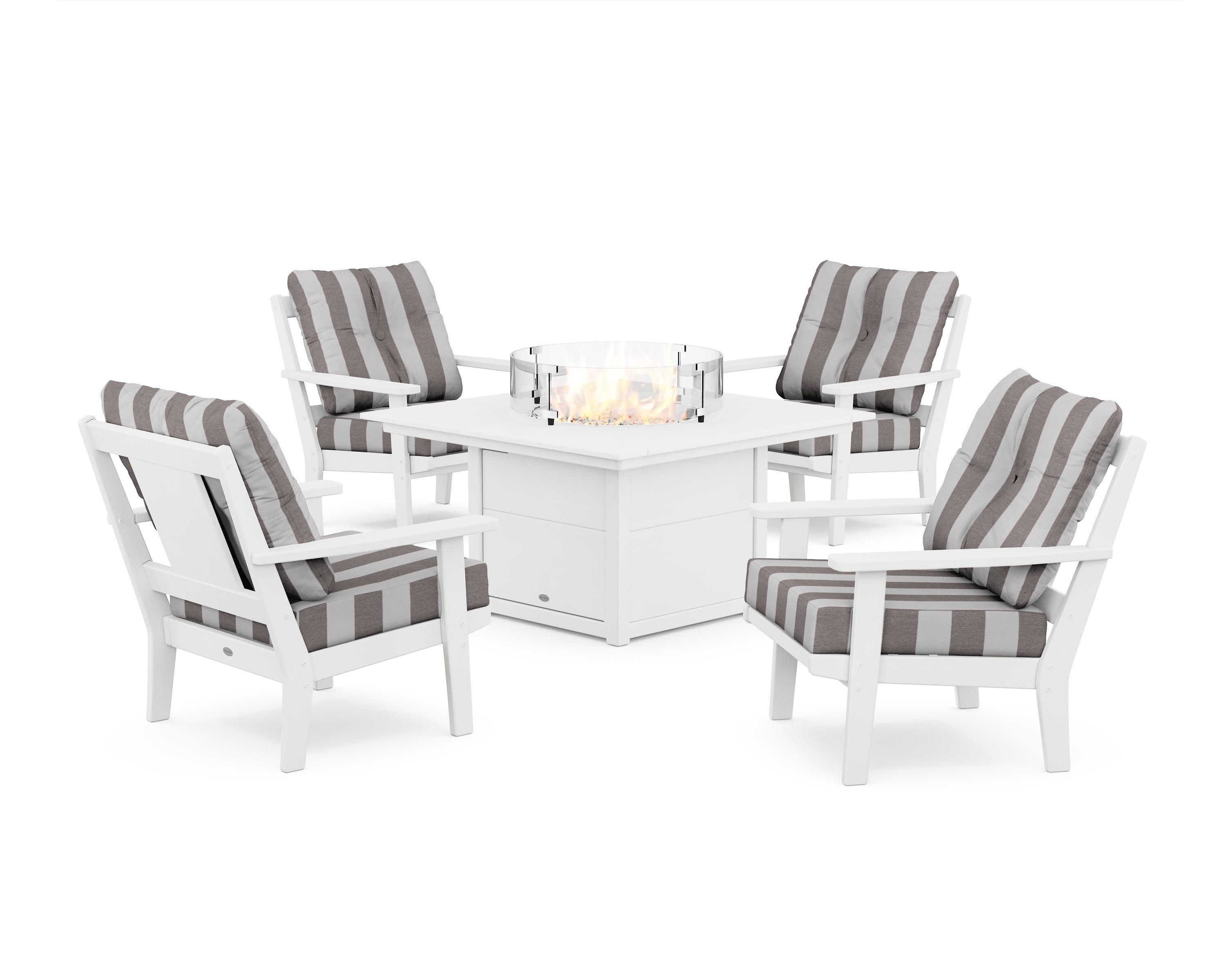 Prairie 5-Piece Deep Seating Set with Fire Pit Table in White / Cabana Stripe Grey Mist