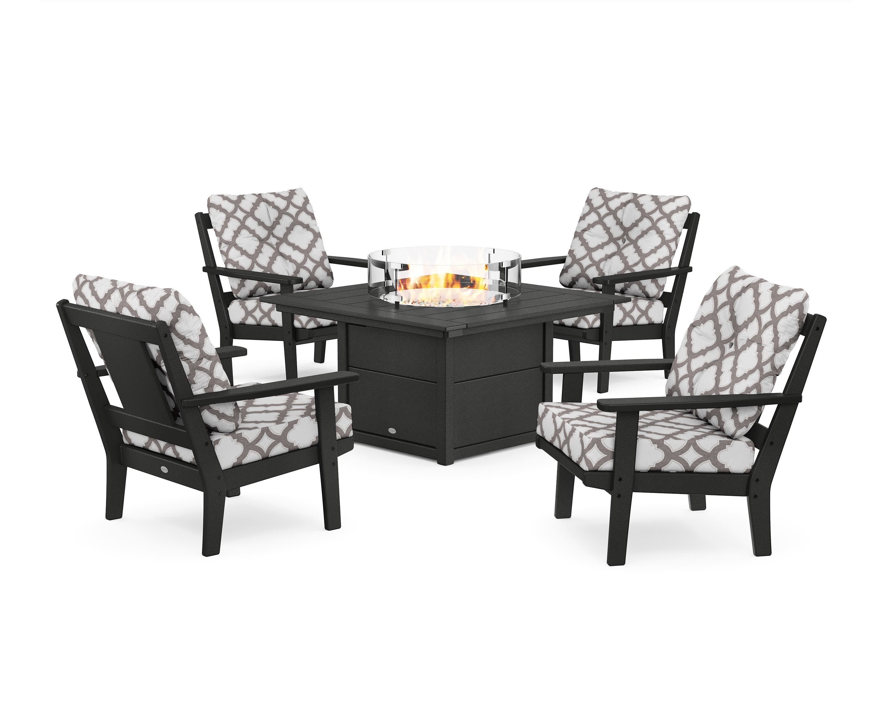 Prairie 5-Piece Deep Seating Set with Fire Pit Table in Black / Trellis Grey Mist