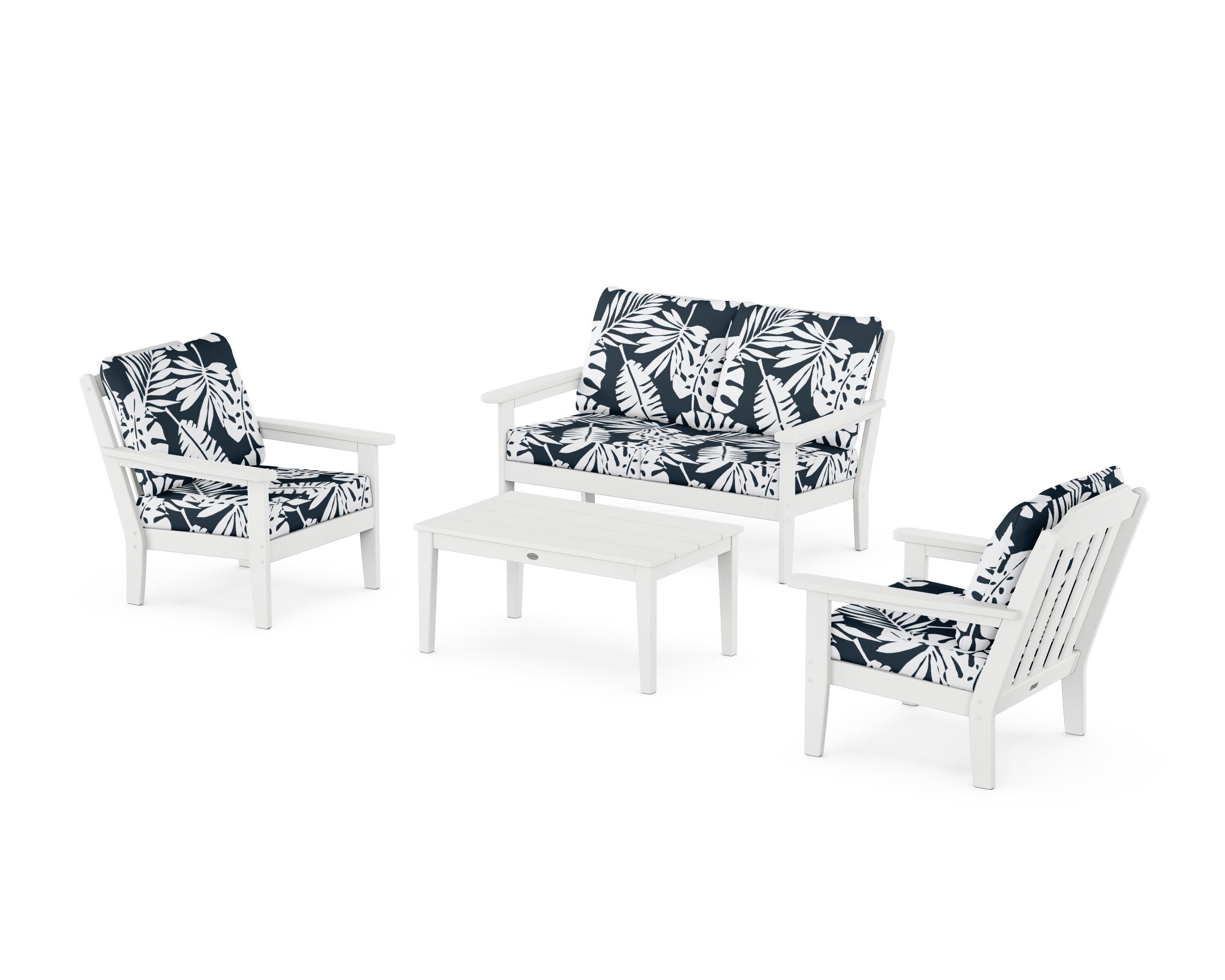 Cottage 4-Piece Deep Seating Set with Loveseat in White / Leaf Marine Indigo